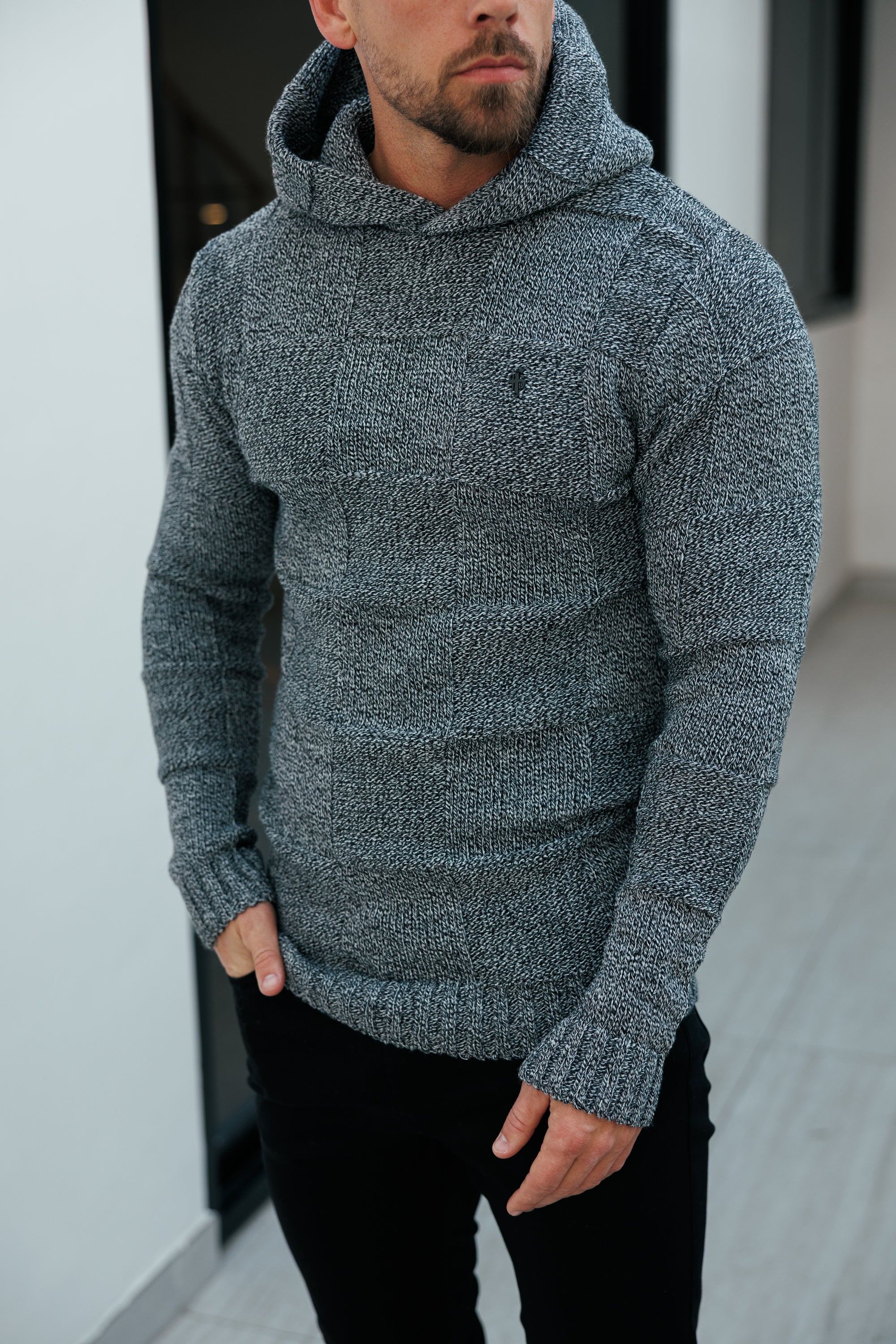 Black / White Two Tone Checkerboard Knitted Hoodie - FSJ134