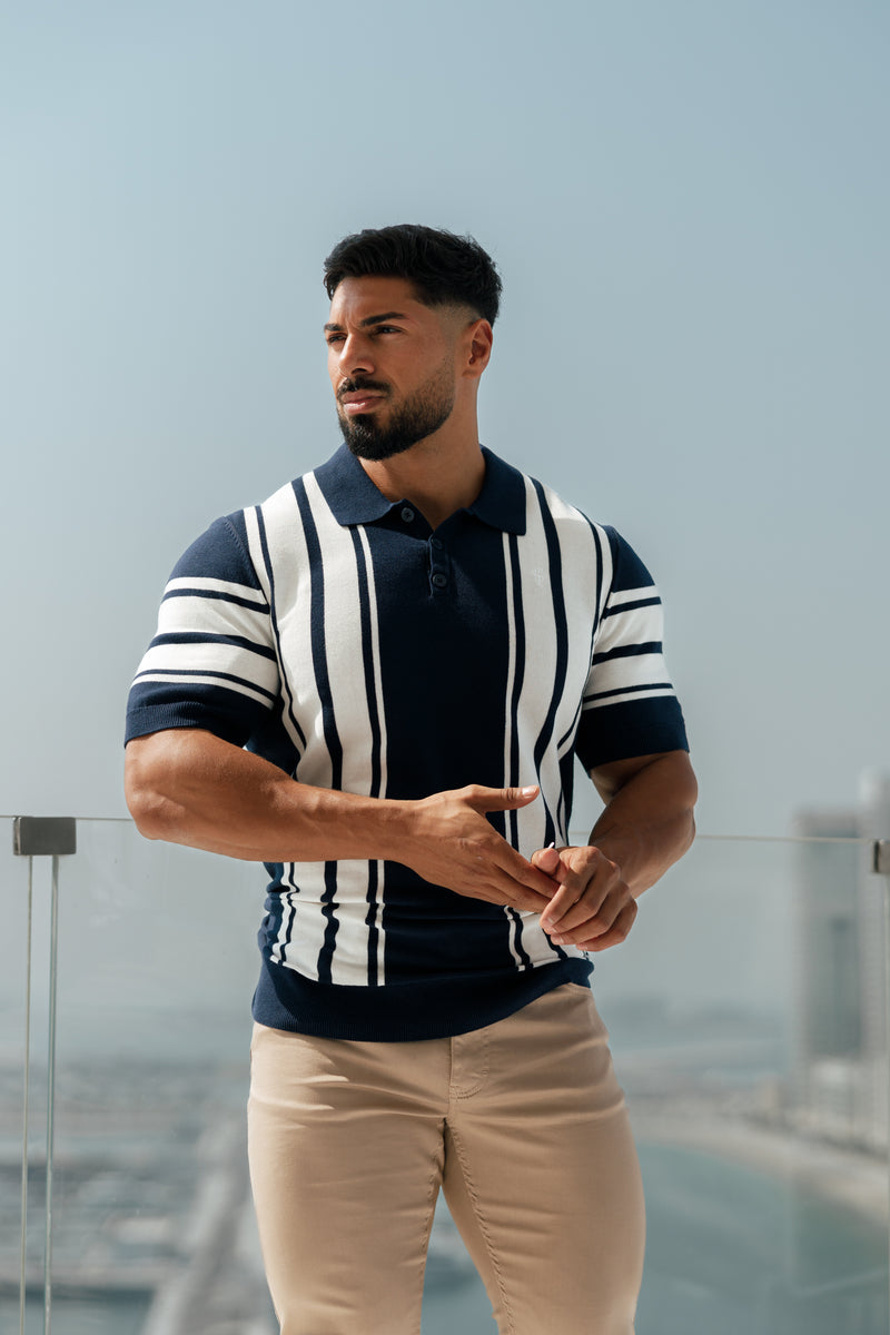 Father Sons Classic Navy / Off White Knitted Vertical Stripe Polo Shor