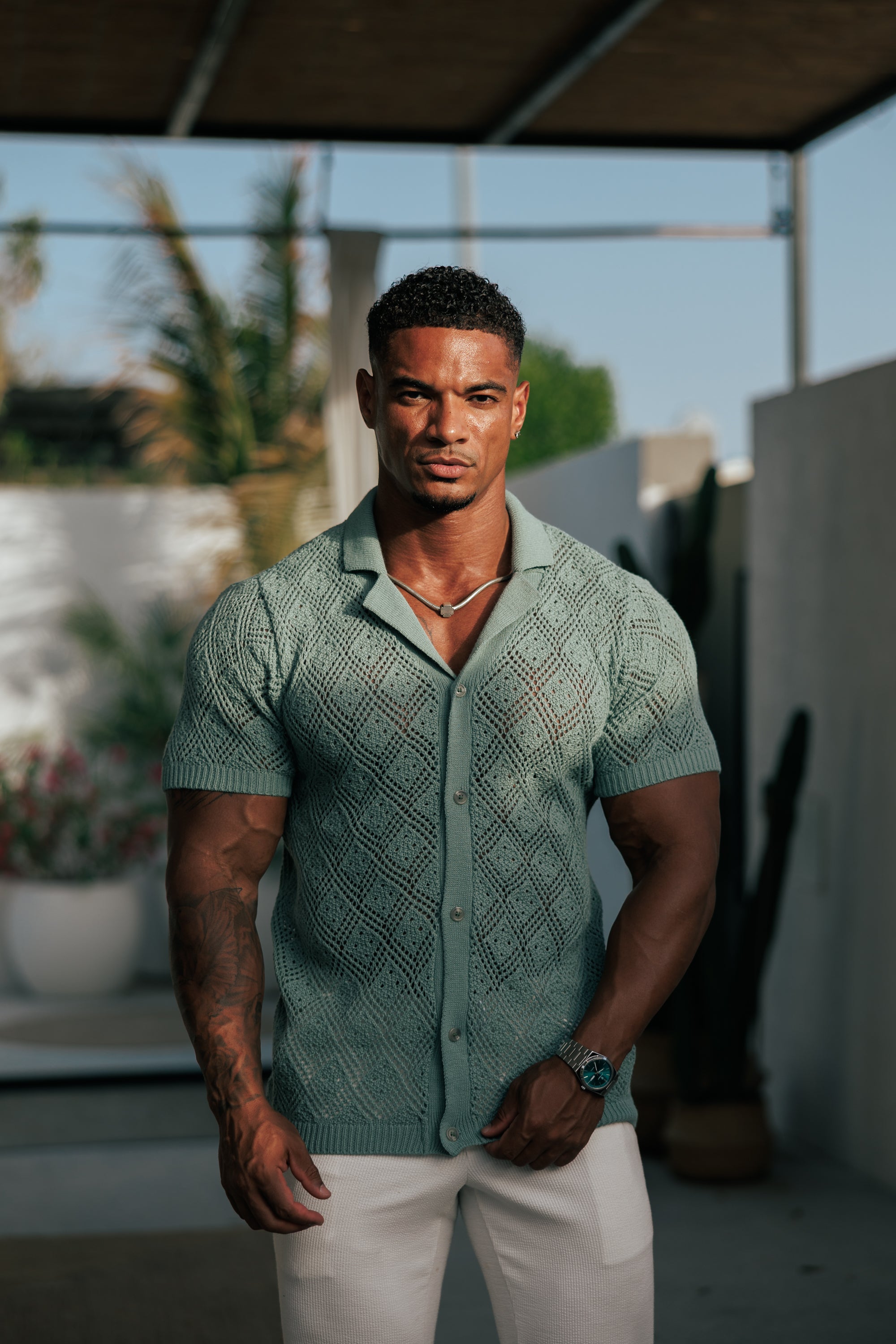 Crochet Shirt Light Green Short Sleeve - FSJ083