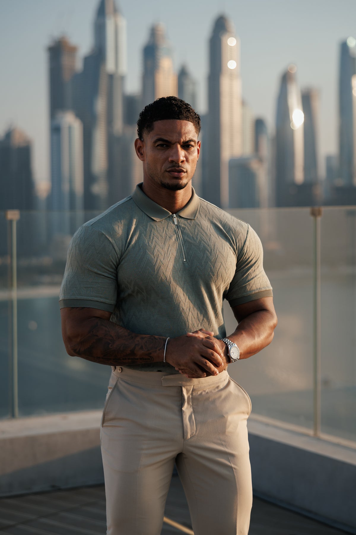 Classic Jacquard Olive Chevron Zipped Polo - FSR060