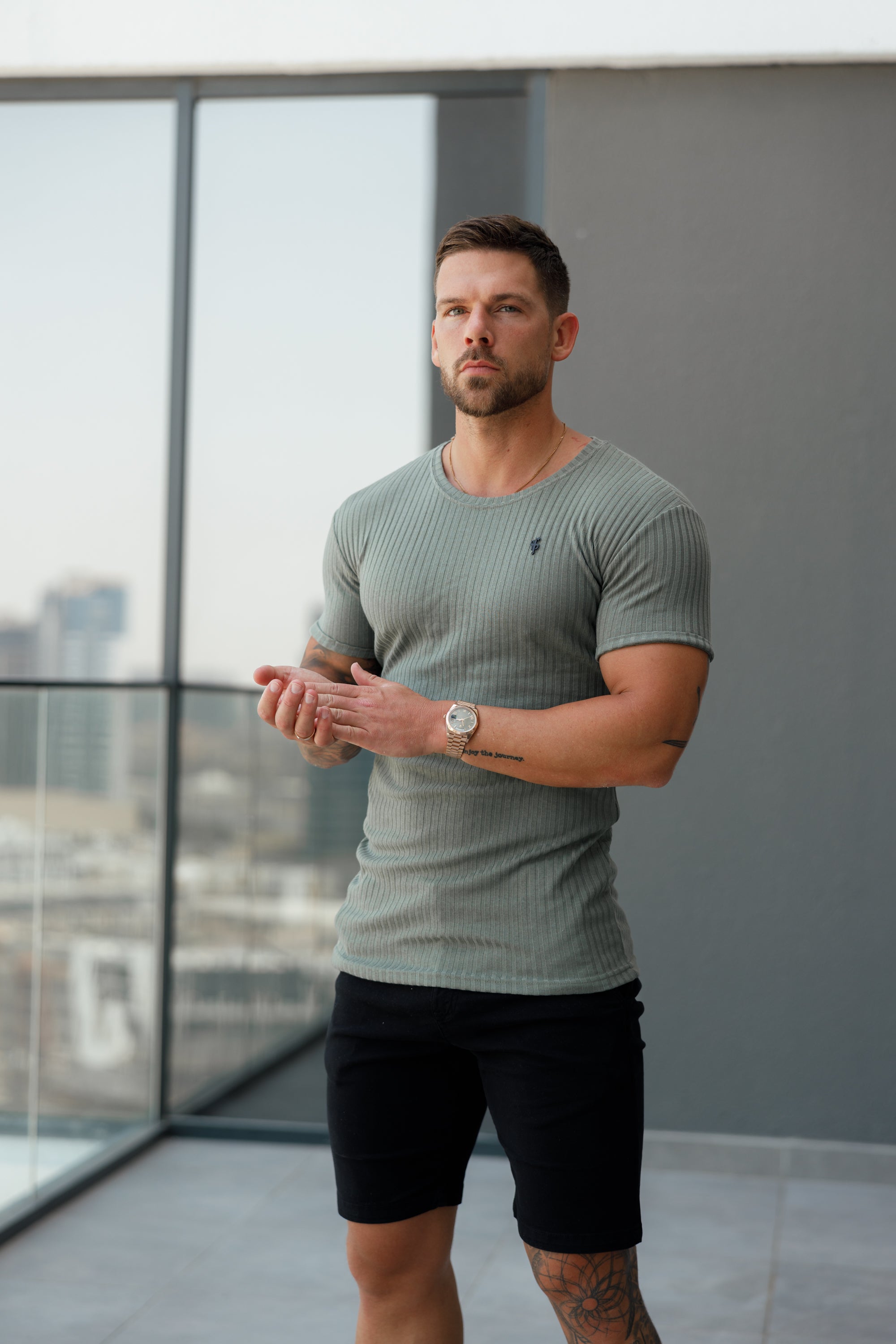 Classic Olive / Black Ribbed Knit Super Slim Short Sleeve Crew - FSH1089