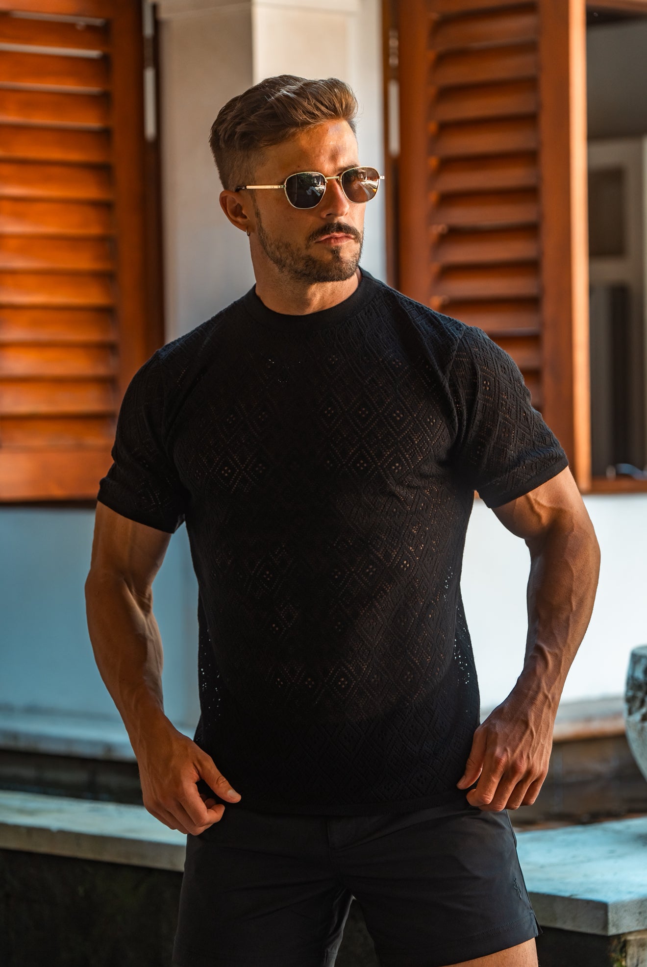 Crochet Crew T-Shirt Black Short Sleeve - FSJ085