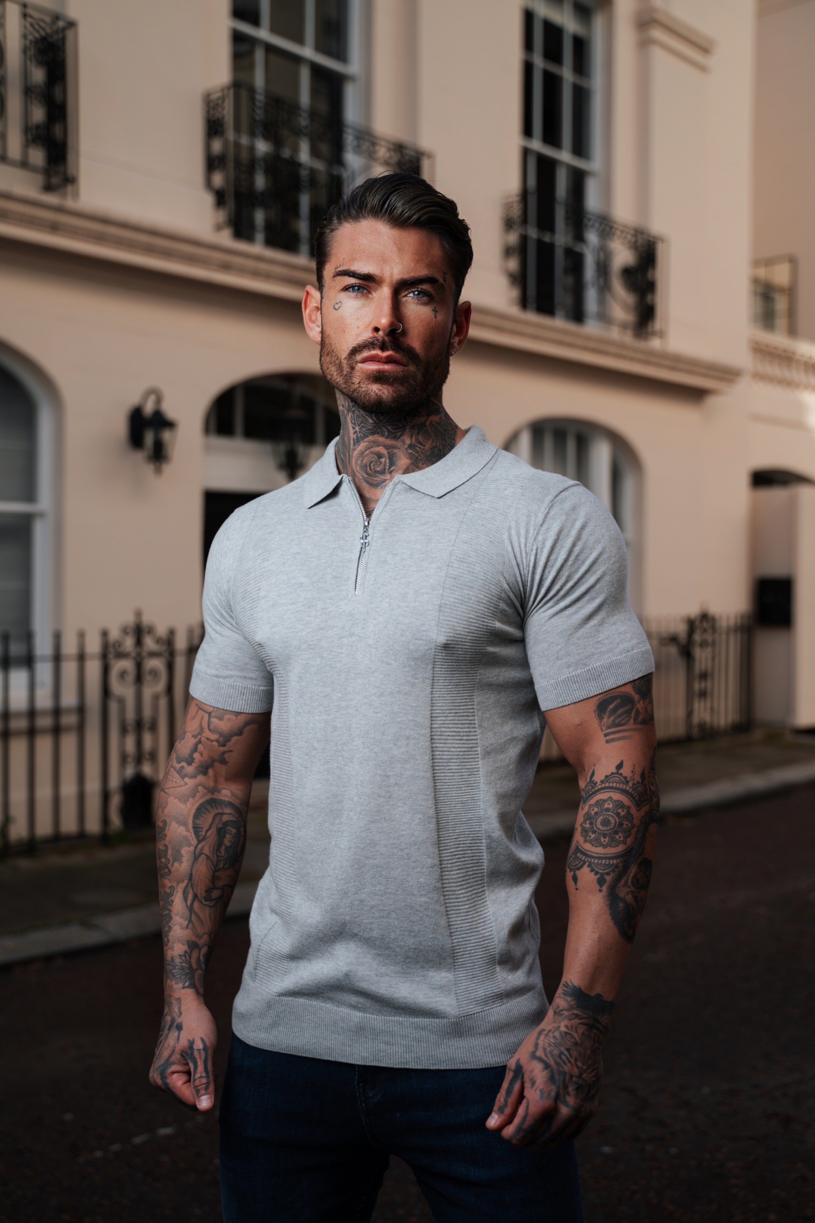 Classic Grey Marl and Silver Zip Knitted Polo Shirt Short Sleeve  - FSN132