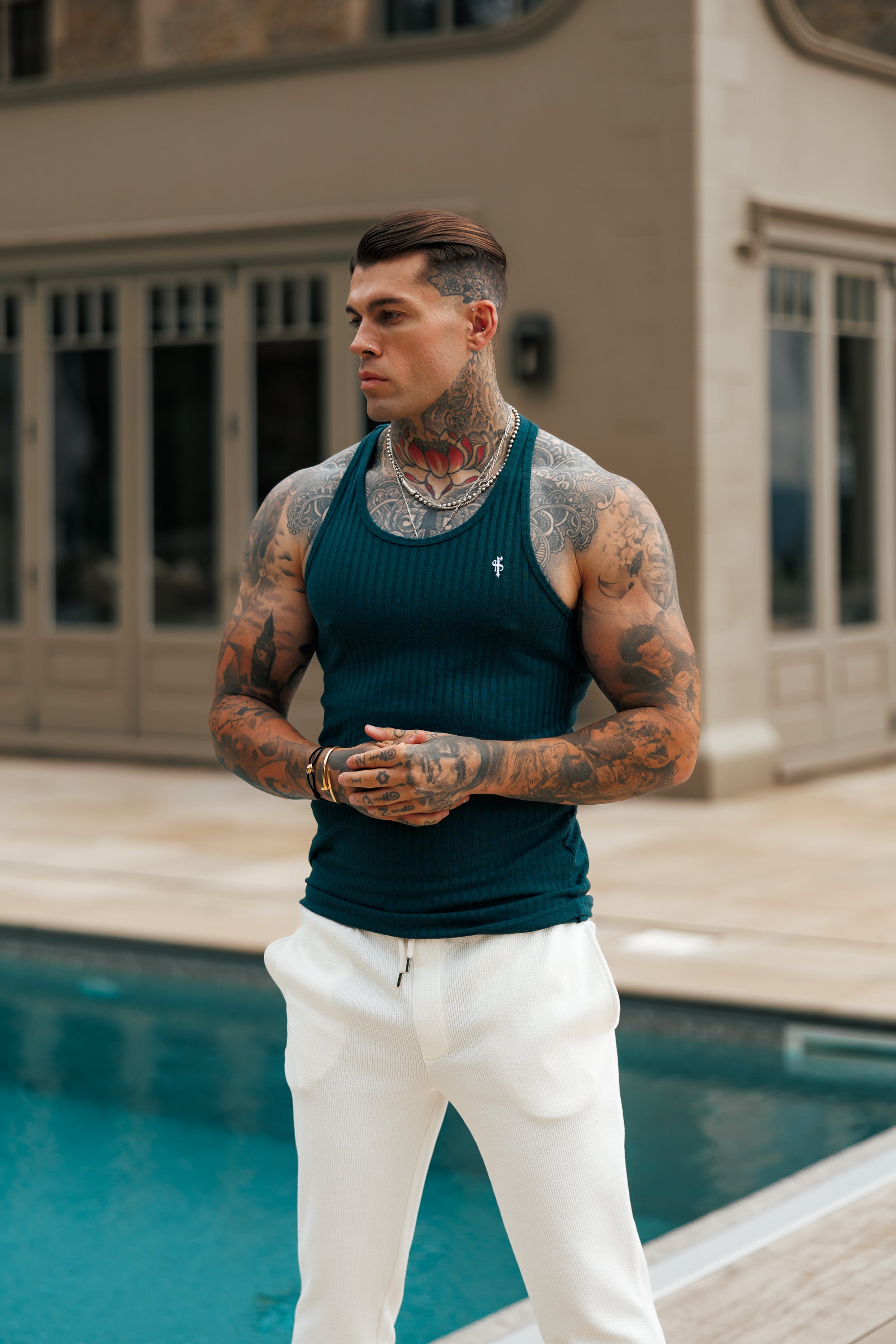 Forest Green / White Ribbed Knit Super Slim Vest - FSH1327