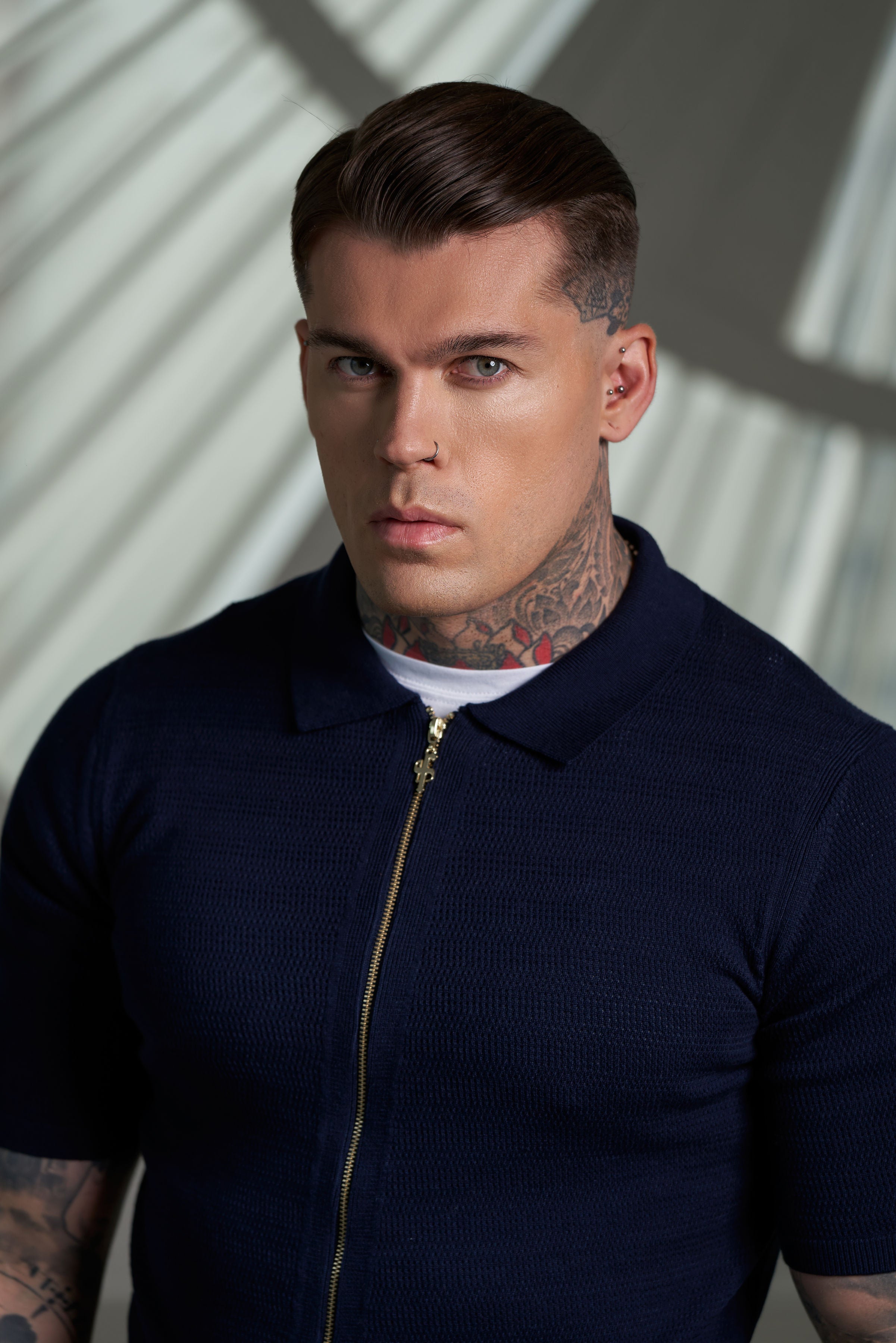 Classic Knitted Textured Design With Full Length Zip Navy Short Sleeve - FSN153