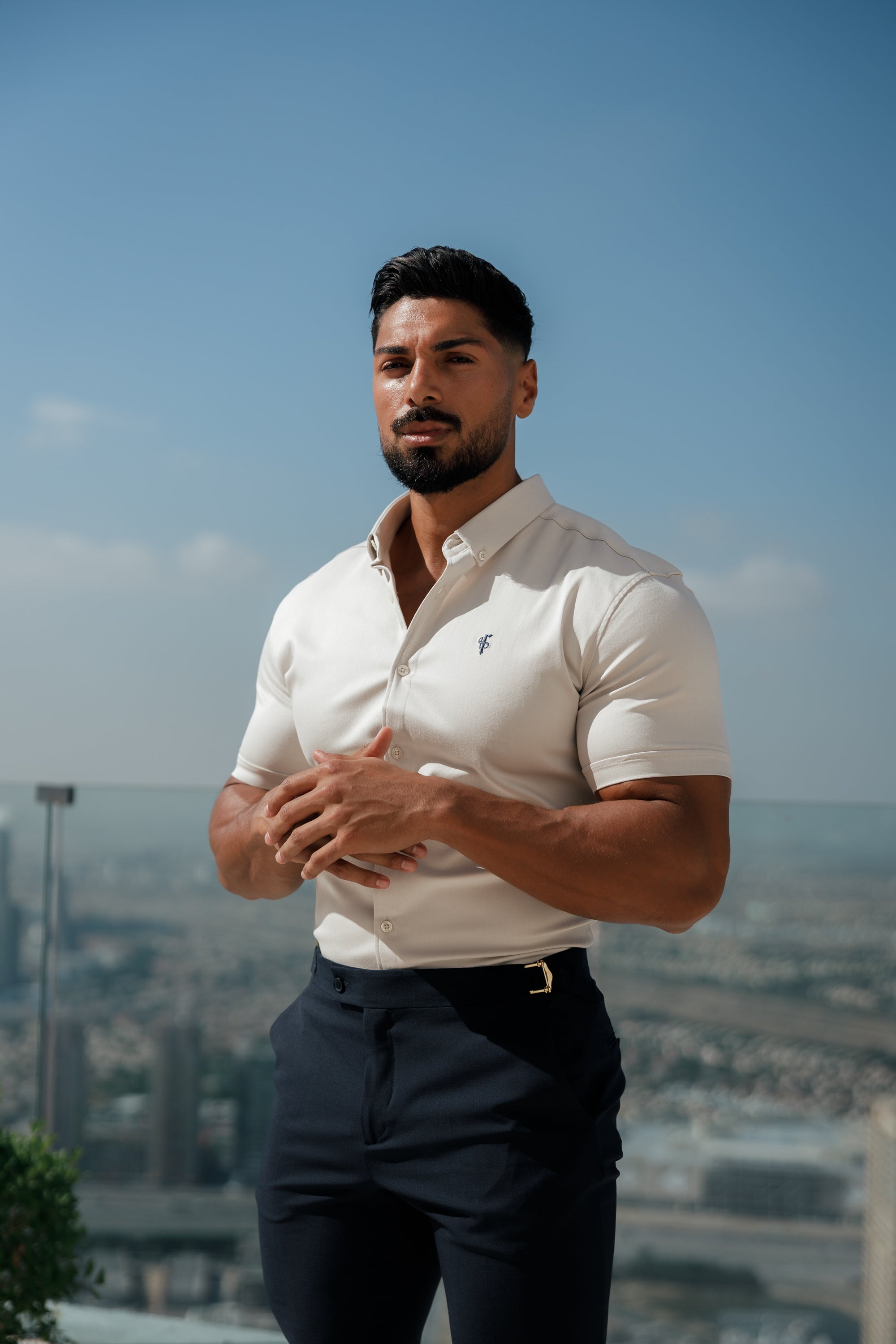 Super Slim Stretch Oatmeal Denim Short Sleeve With Button Down Collar - FS1025