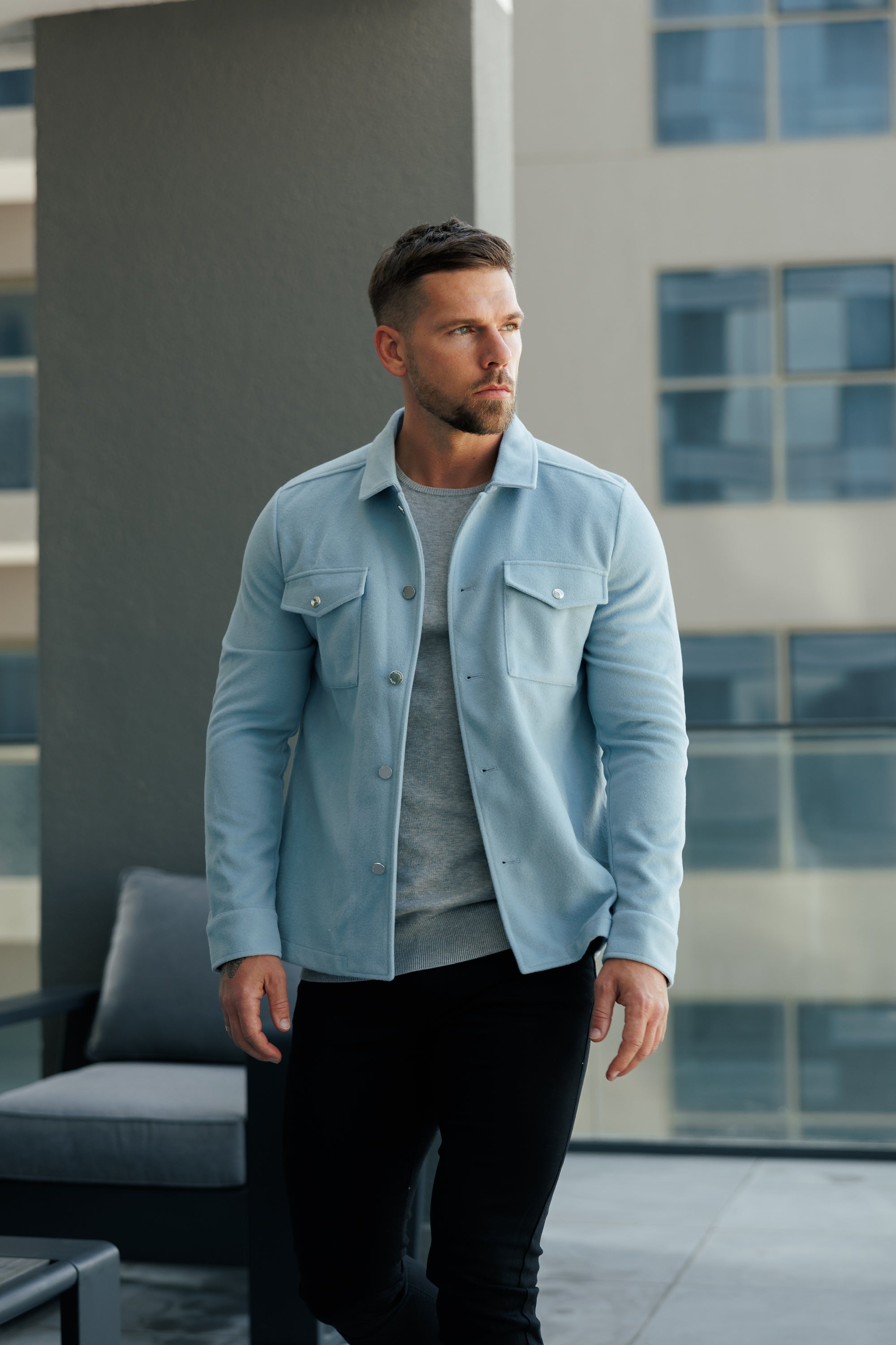 Brushed Button Up Plain Jacket Blue - FSN185