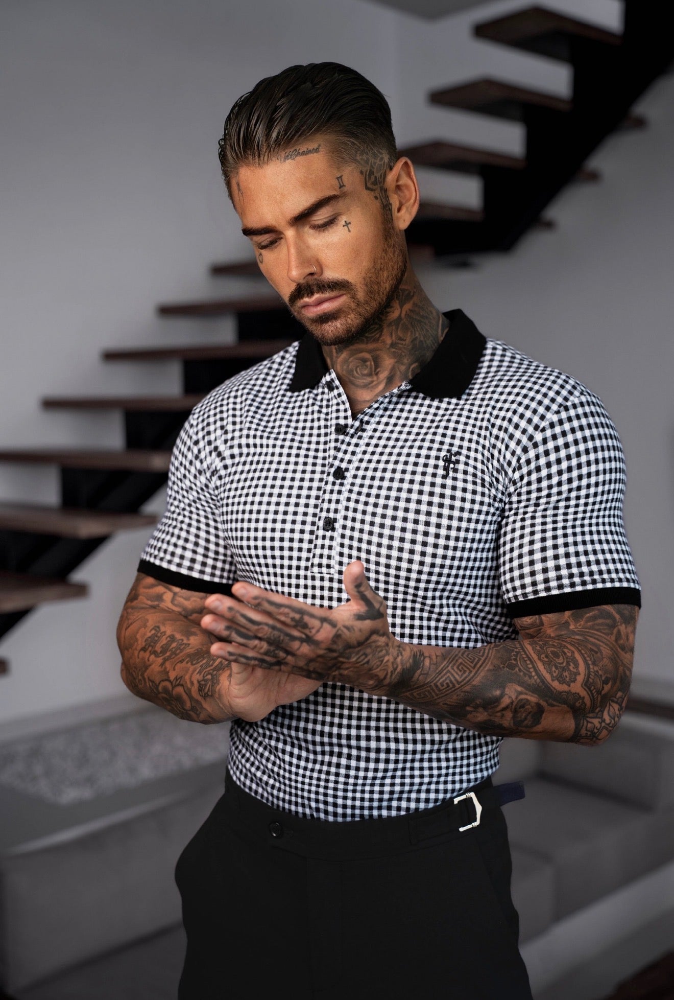 Black / Grey Printed Check Polo Shirt - FSH1261