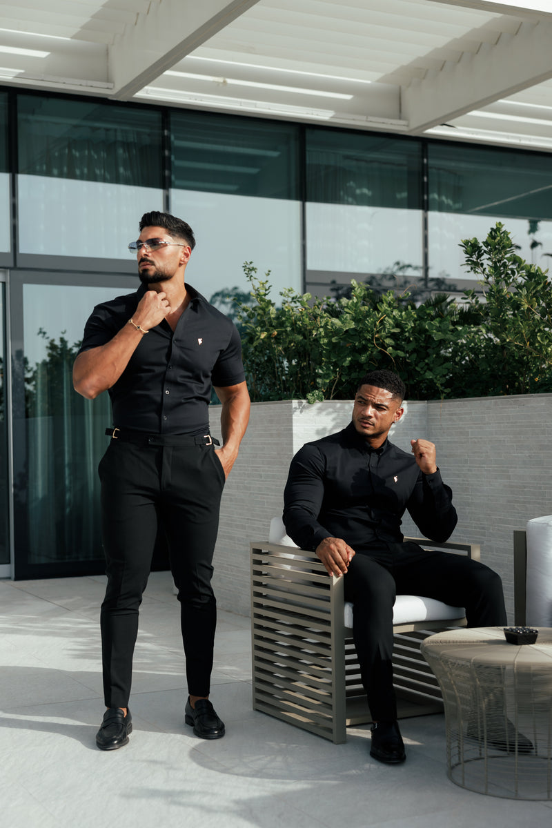 Father Sons Slim Formal Black Stretch Trousers With Gold Waist Adjusters - FST018