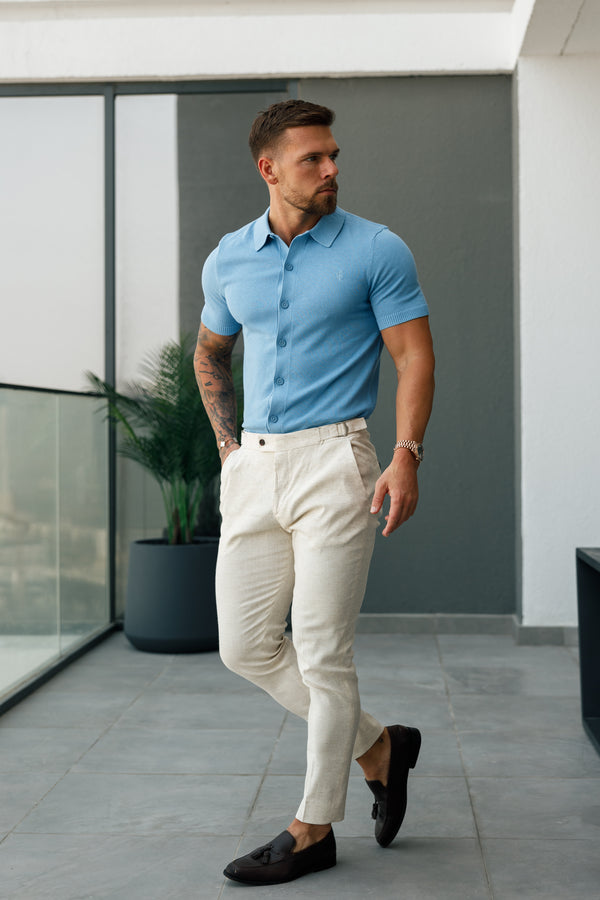 Father Sons Classic Plain Light Blue Knitted Button Through Polo Short Sleeve - FSN161