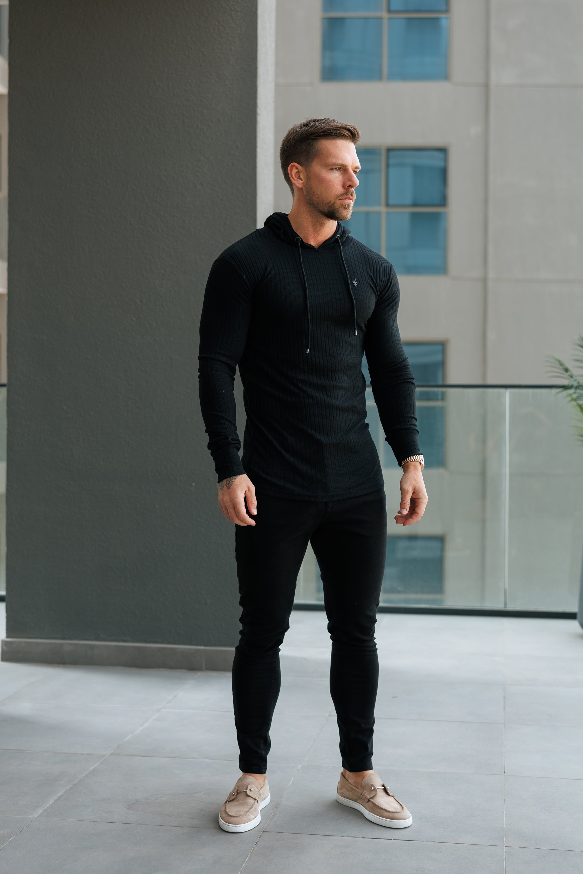 Classic Black Ribbed Knit Hoodie Jumper With Black Emblem - FSH1307