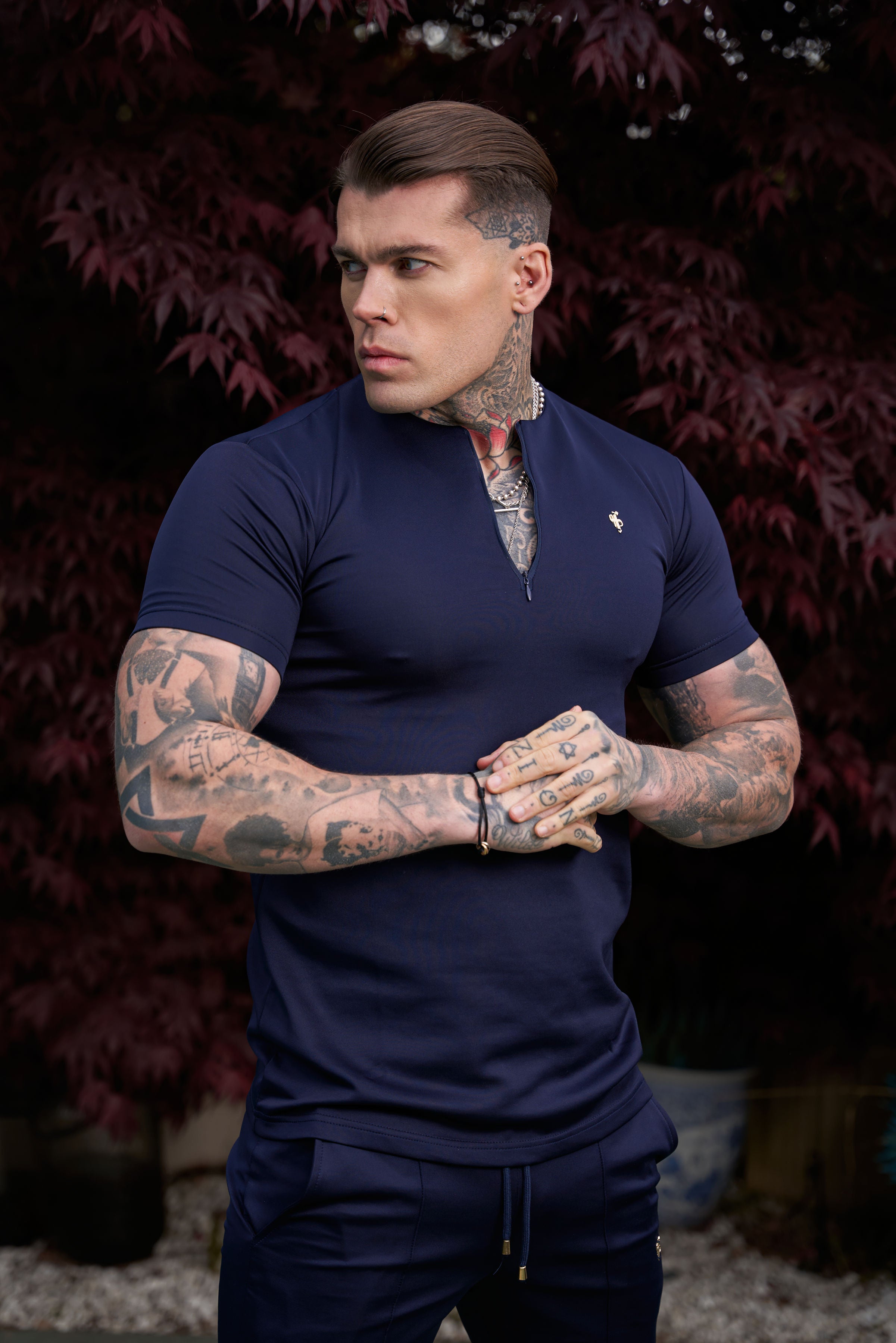 Scuba Navy / Gold Crew T Shirt With Zip Detail Short Sleeve - FSH1033