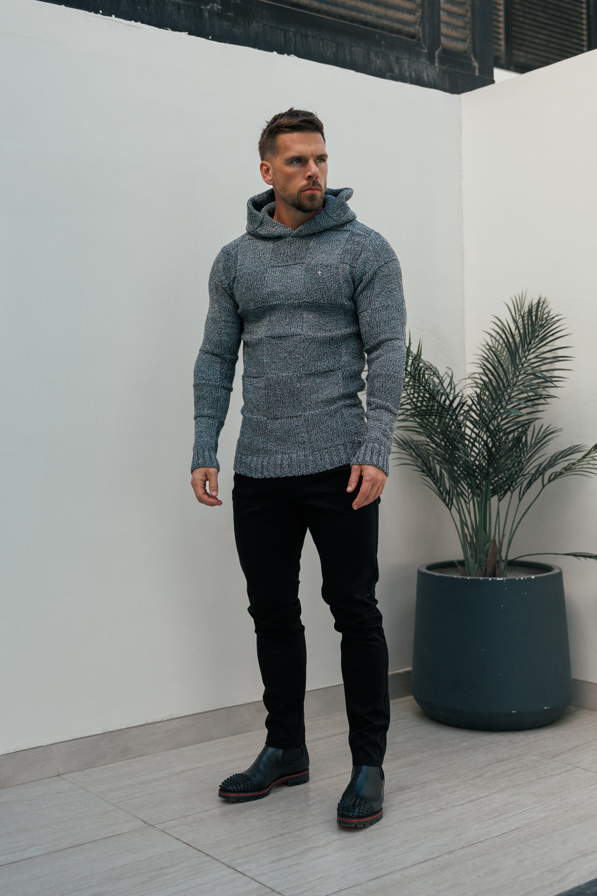 Black / White Two Tone Checkerboard Knitted Hoodie - FSJ134