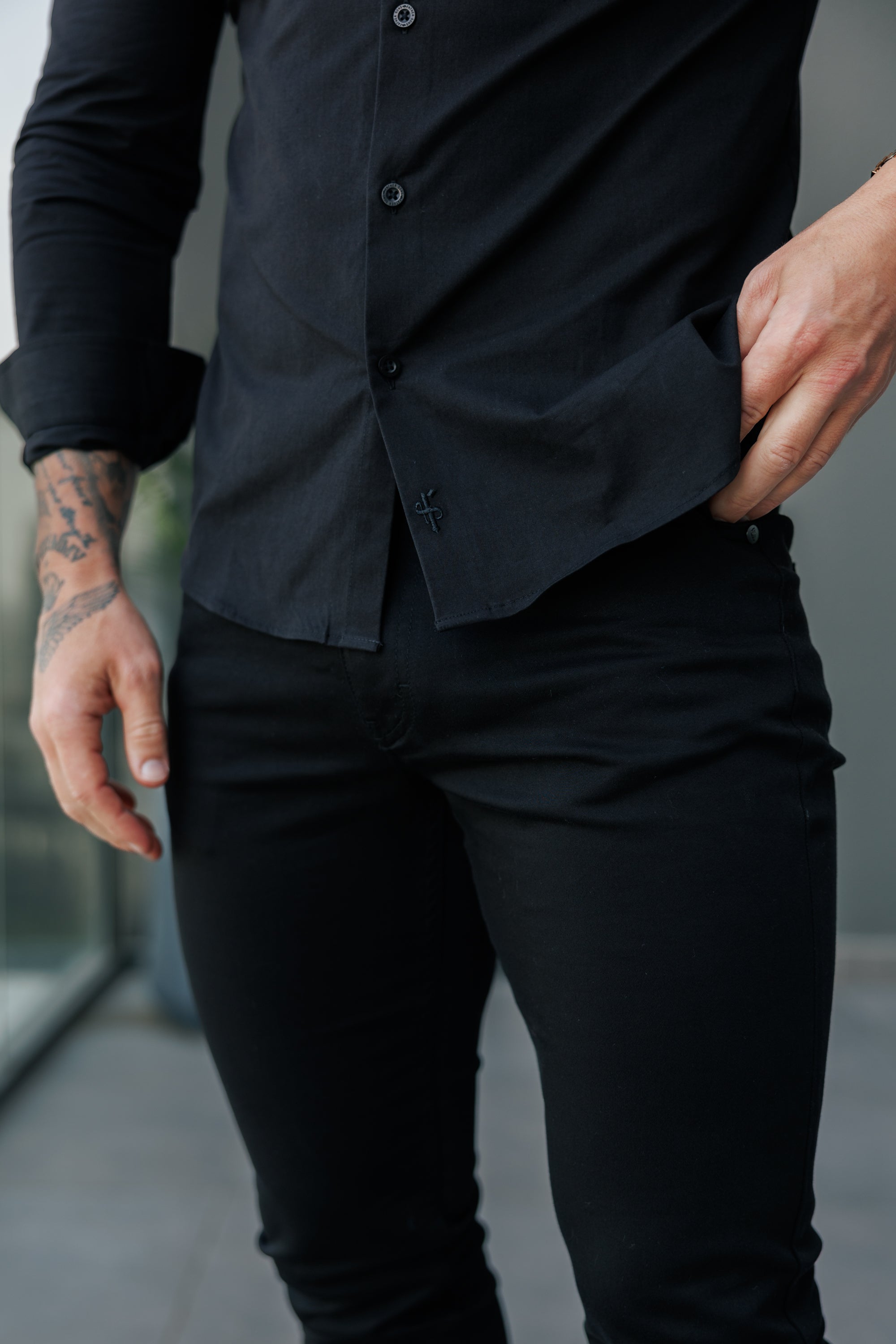 Classic Stretch LS Black with 2 Pockets and Flaps - FS1157