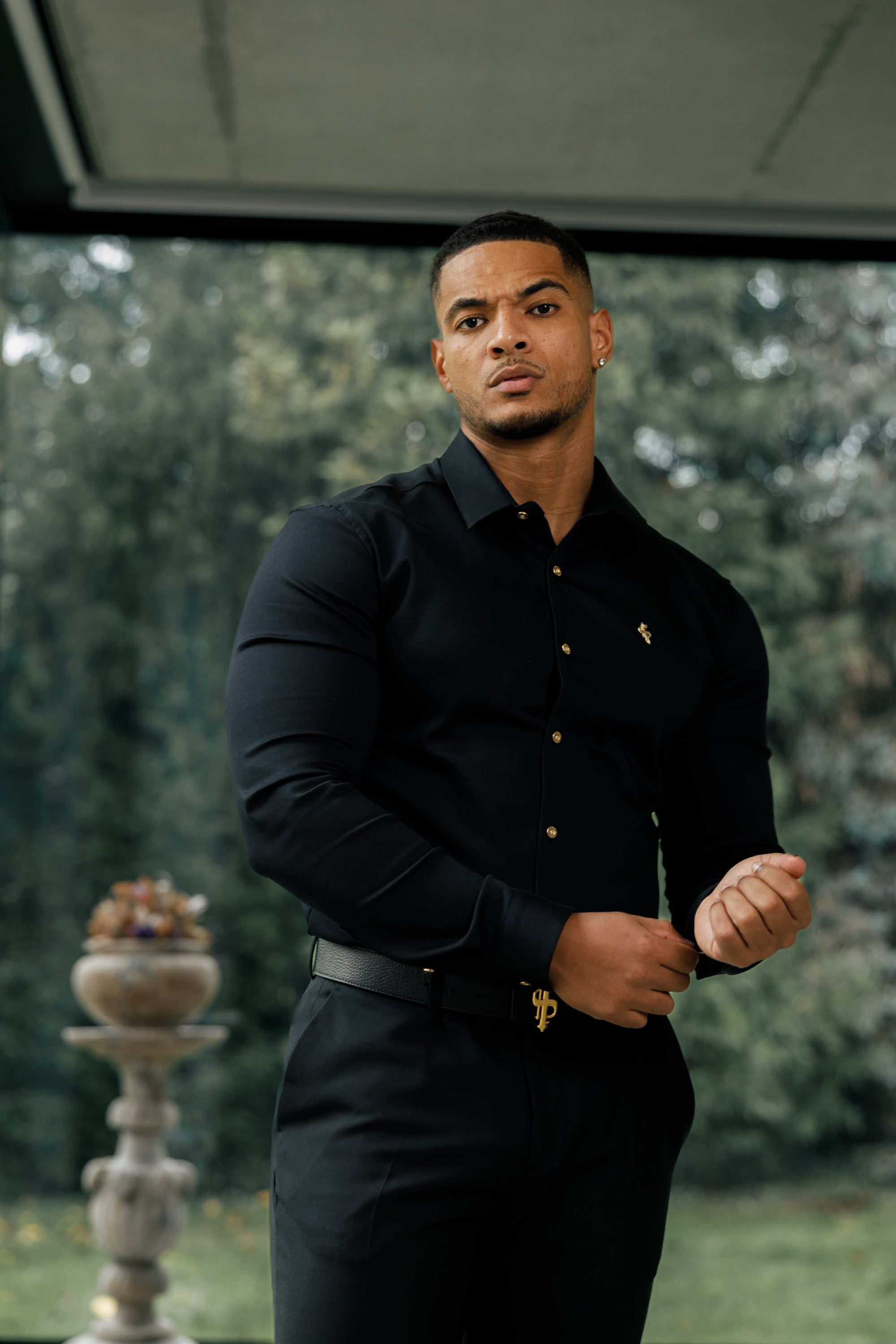 Super Slim Stretch Black Denim Long Sleeve with Gold Metal Decal and Buttons - FS923