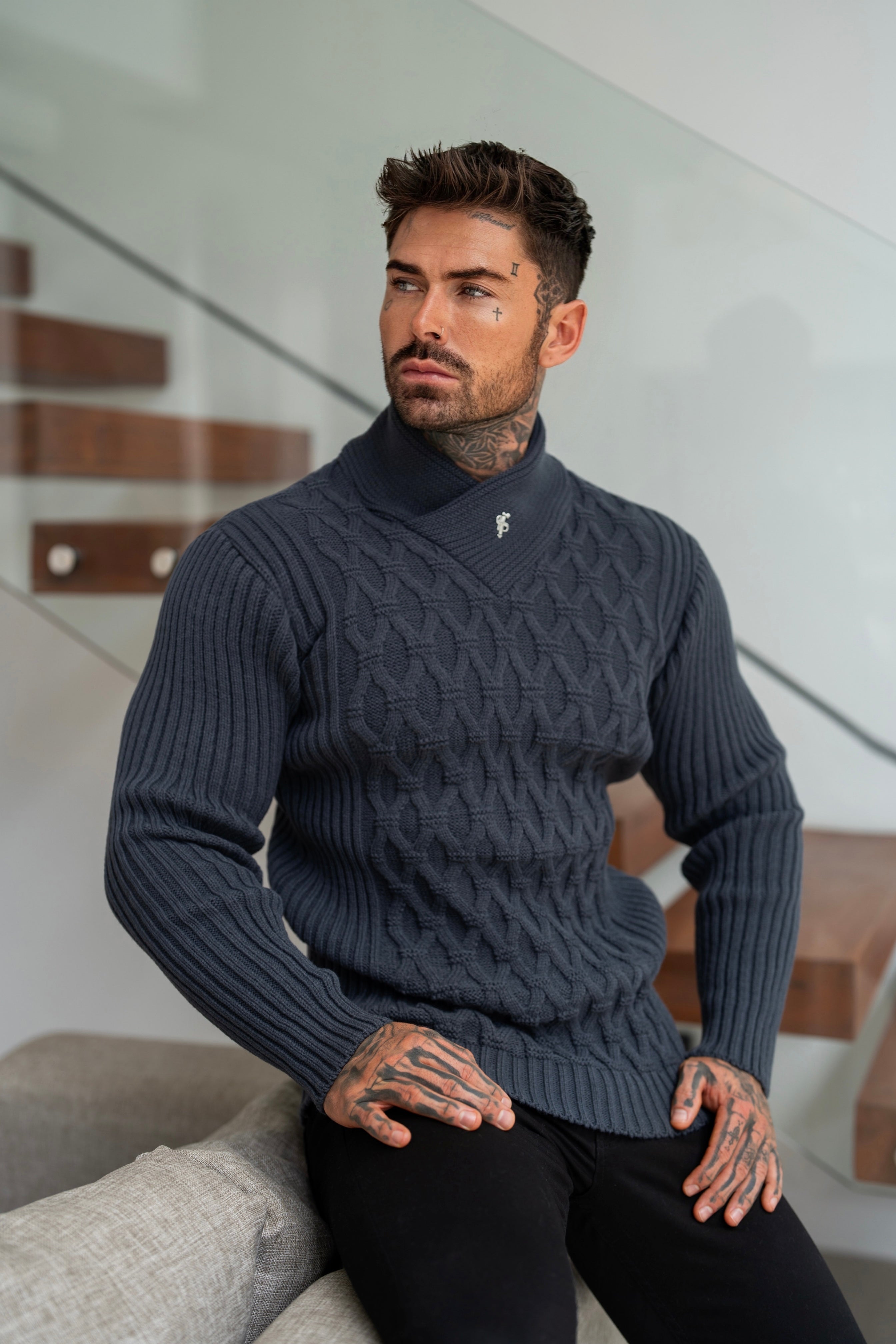 Chunky Cable Knit Gun Powder / Charcoal Jumper - FSJ065