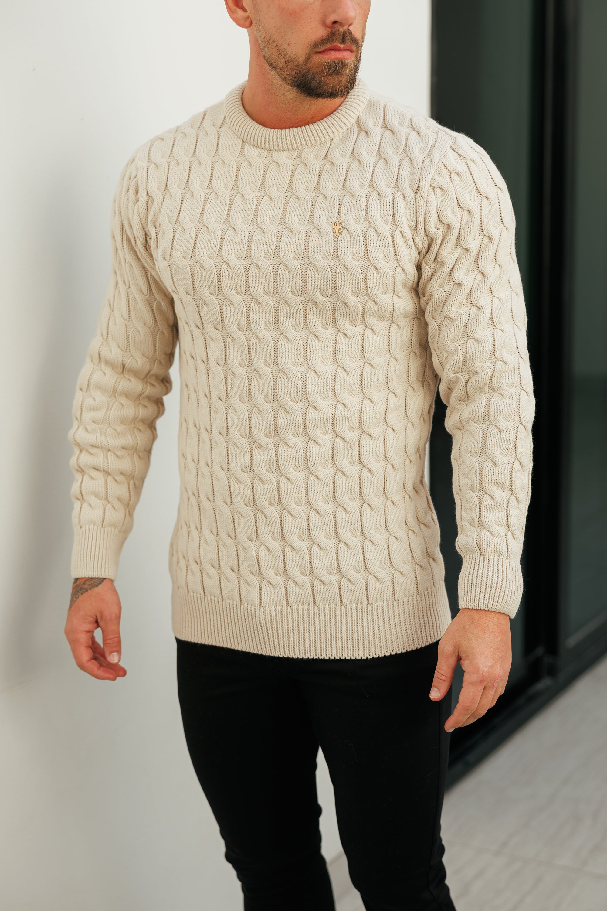 Link Weave Knit Beige Crew Neck Jumper - FSJ127