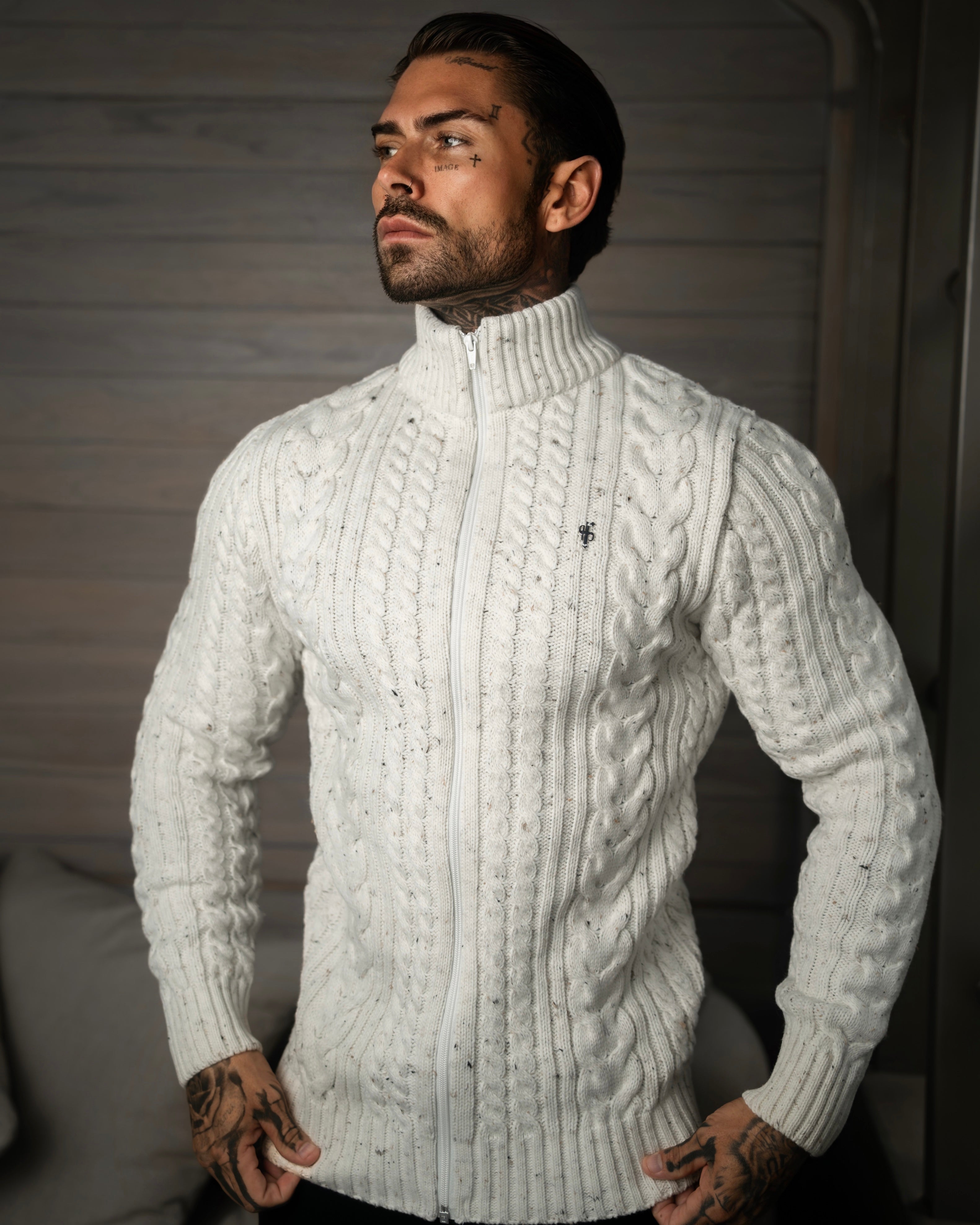 Chunky Zipped Cardigan Beige Fleck -  FSJ148