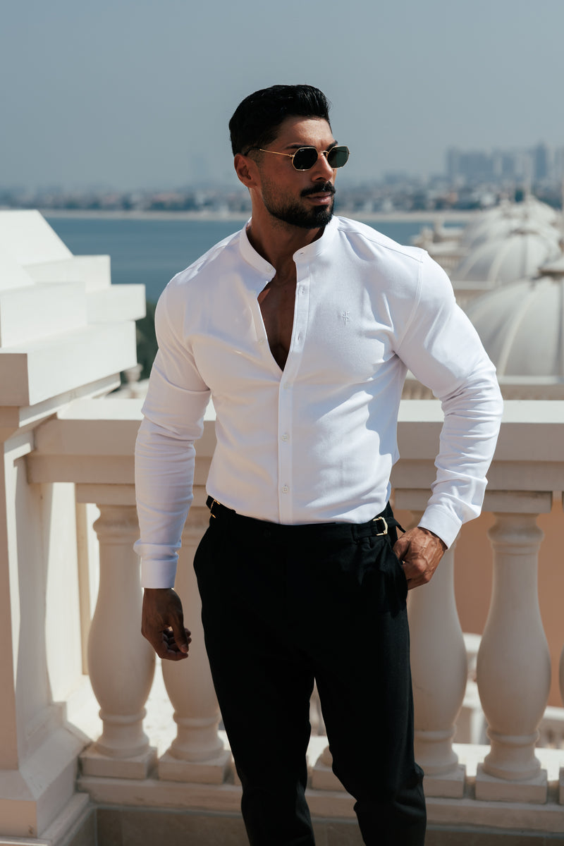 FS Super Slim Scuba White Long Sleeve Stretch with Grandad Collar - FS1170