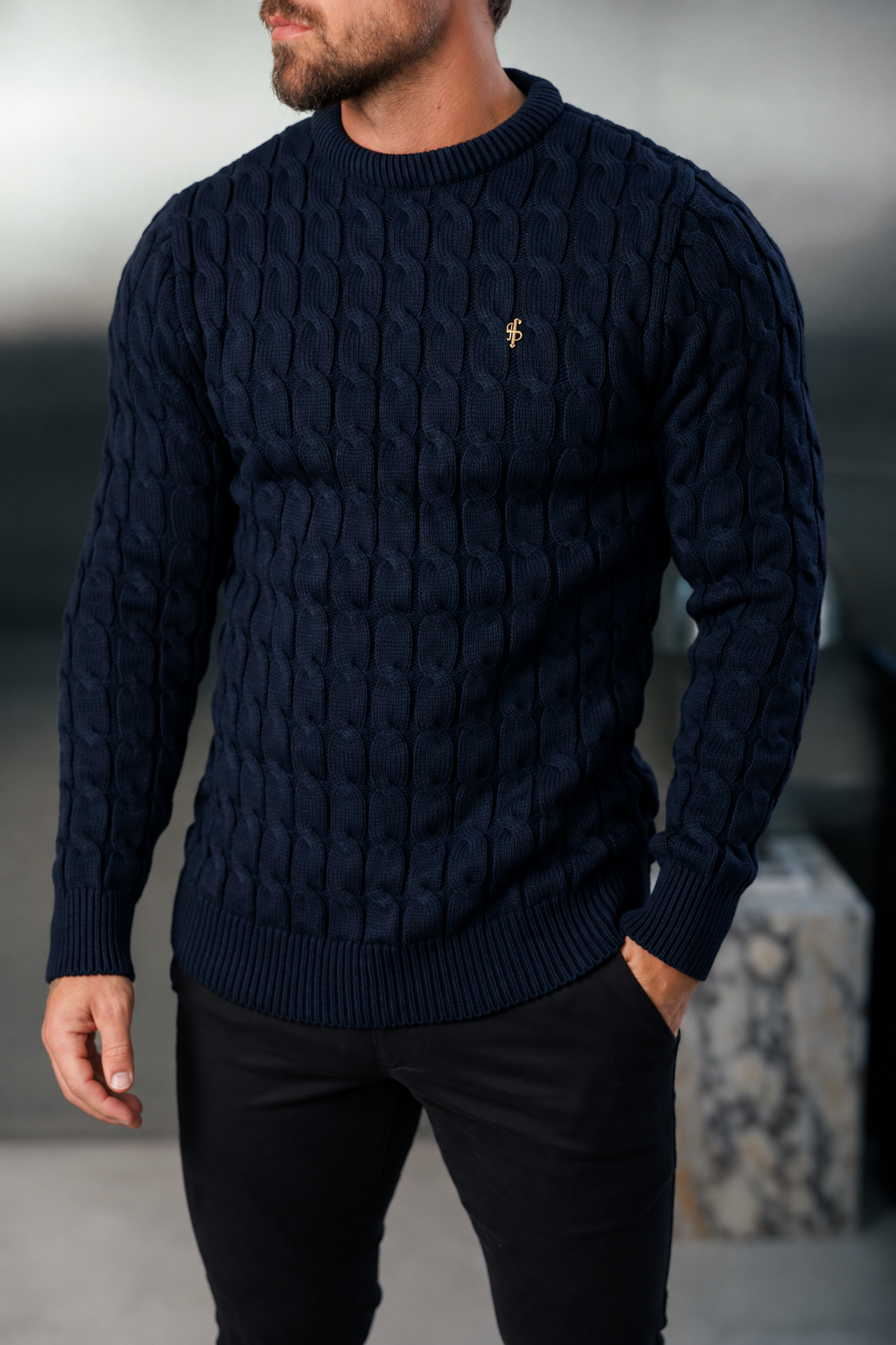 Chunky Cable Weave Knit Navy Jumper - FSA057