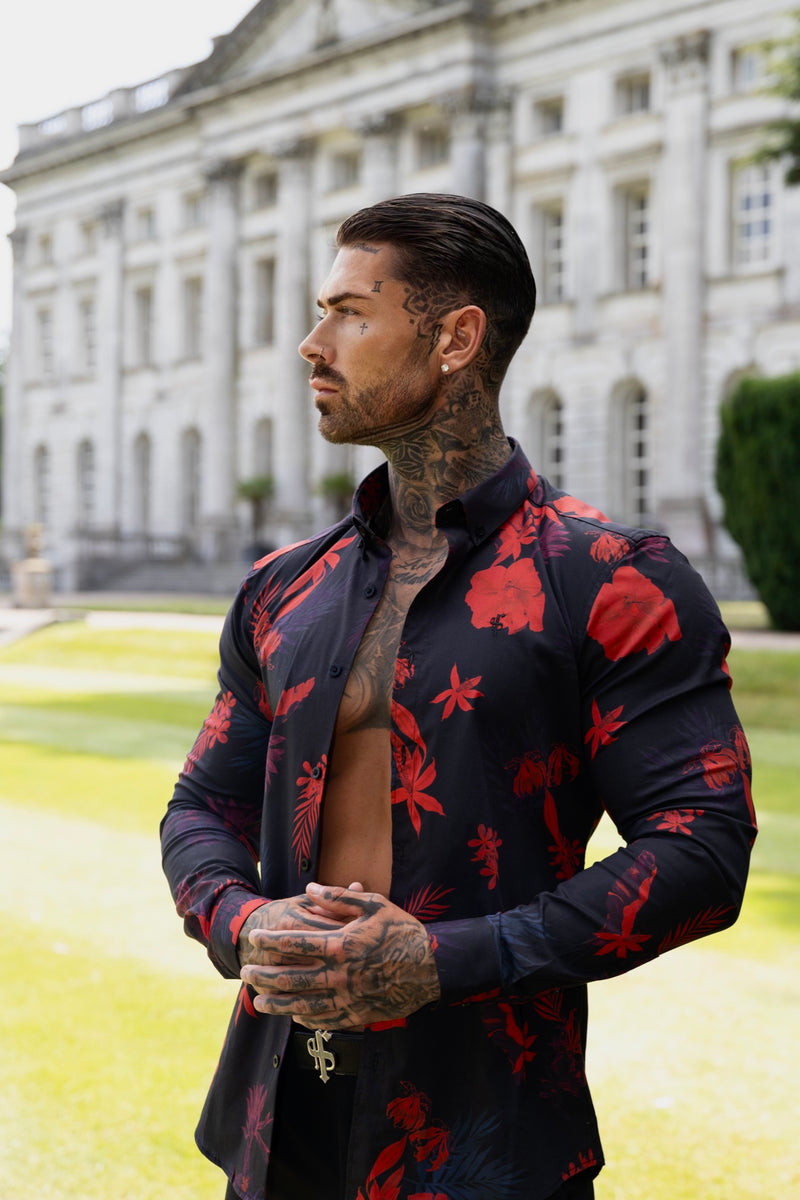 Father Sons Super Slim Stretch Black and Red Floral Print Long Sleeve with Button Down Collar - FS770