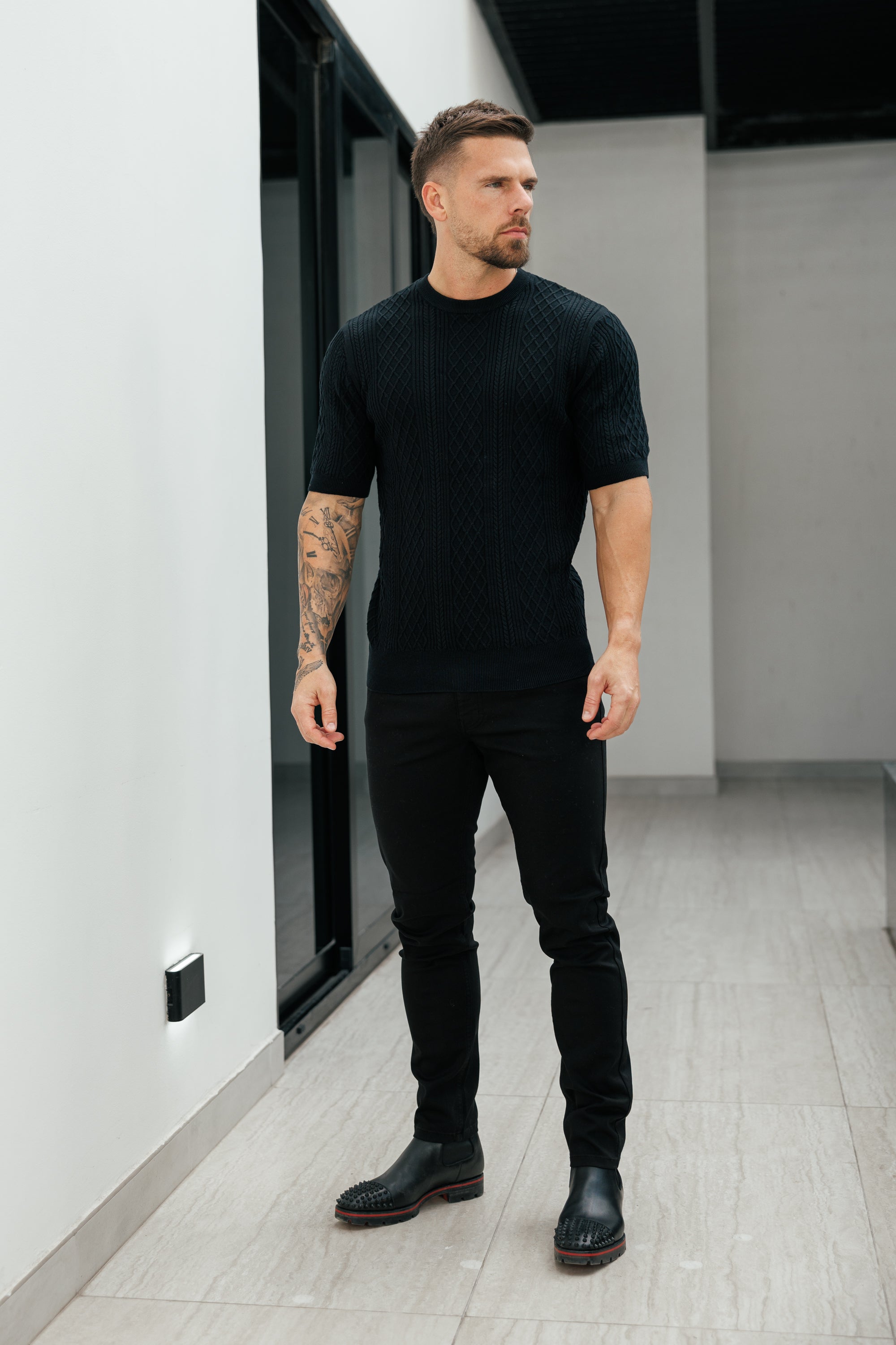 Fine Knit Diamond Black Jumper Short Sleeve - FSA010