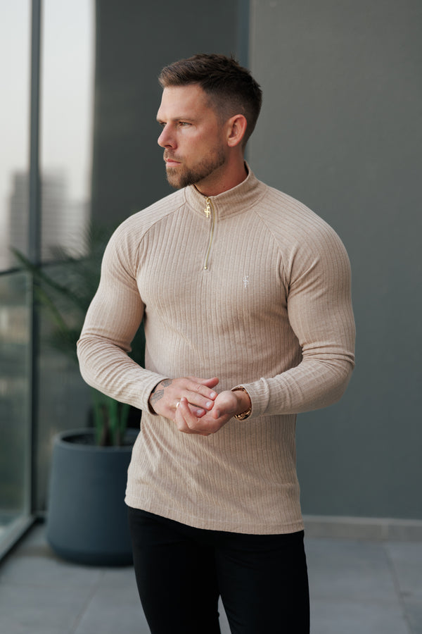 FS Classic Beige Ribbed Zip Funnel Neck Raglan Long Sleeve Crew - FSH1299