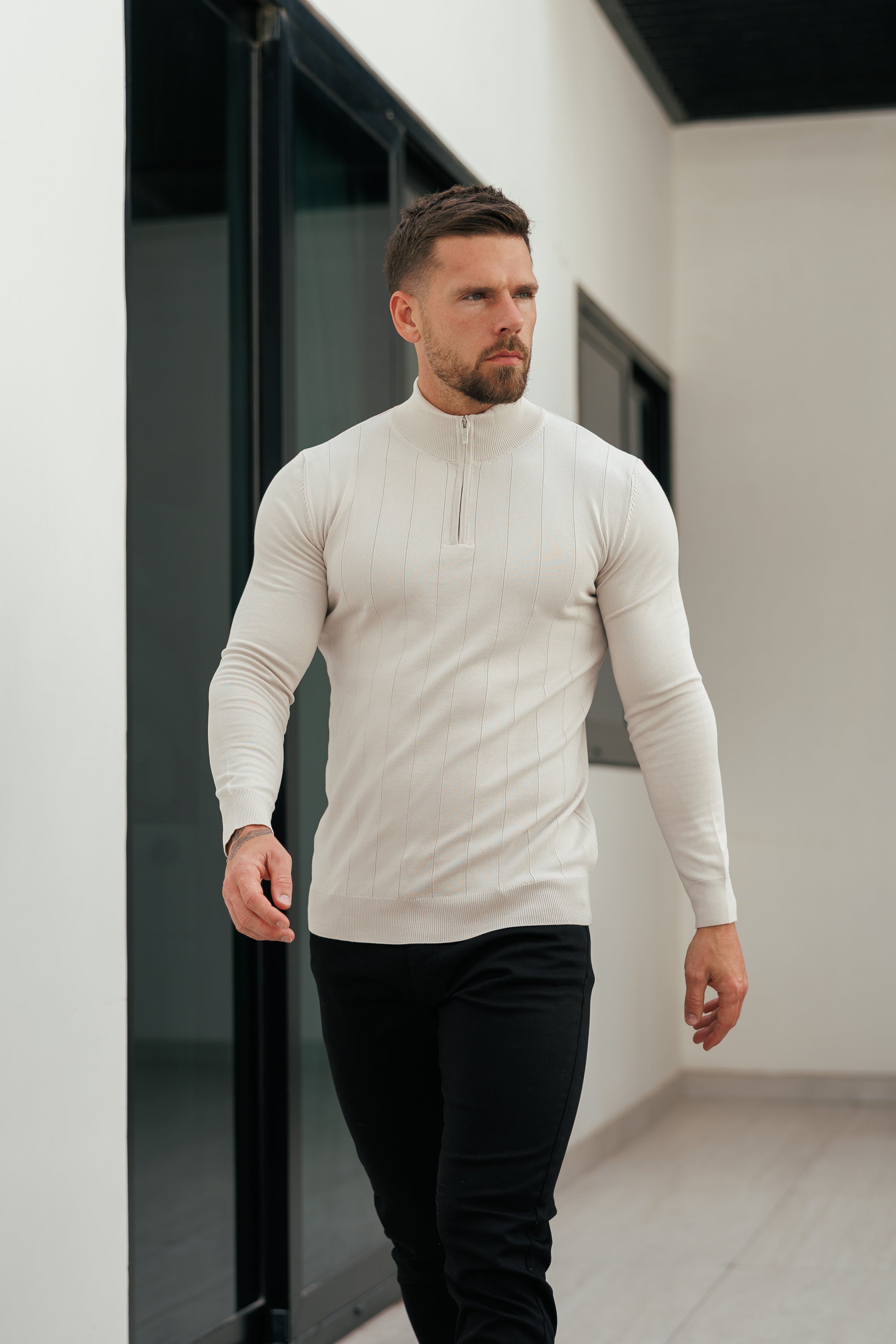 Self Stripe 1/4 Zip Funnel Neck Knit Jumper Cream Long Sleeve  -  FSR052