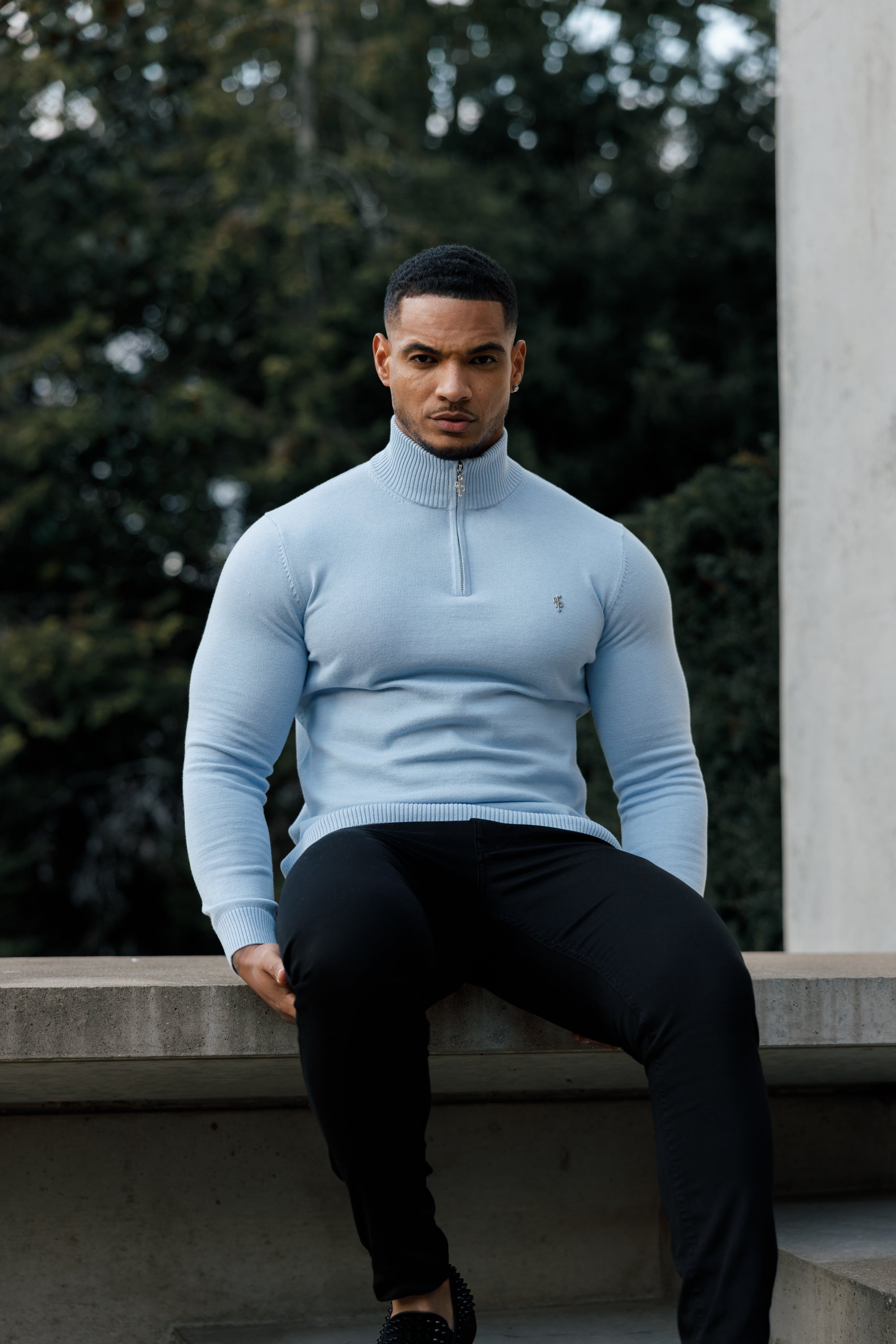 Light Blue Funnel Neck 1/2 Zip Knitted Jumper - FSN119