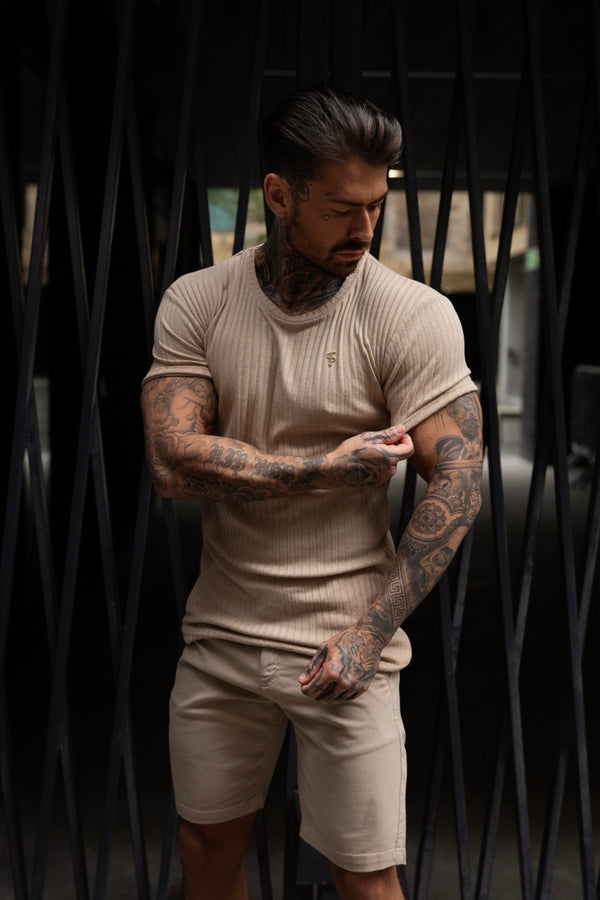 Father Sons Classic Beige / Gold Ribbed Knit Super Slim Short Sleeve Crew - FSH1088 (PRE ORDER 17TH MAY)