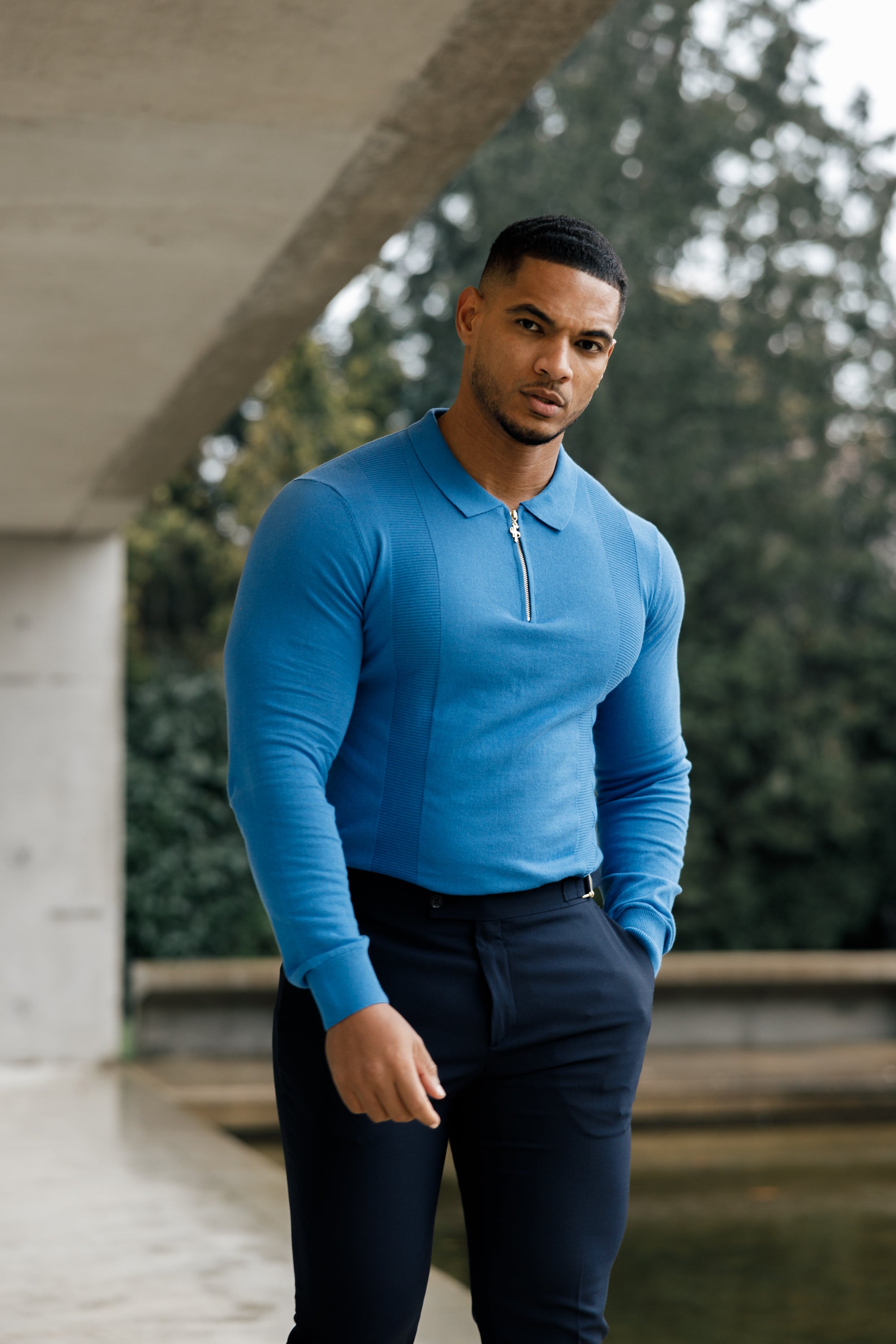 Classic Mid Blue and Gold Zip Knitted Polo Shirt Long Sleeve - FSN129