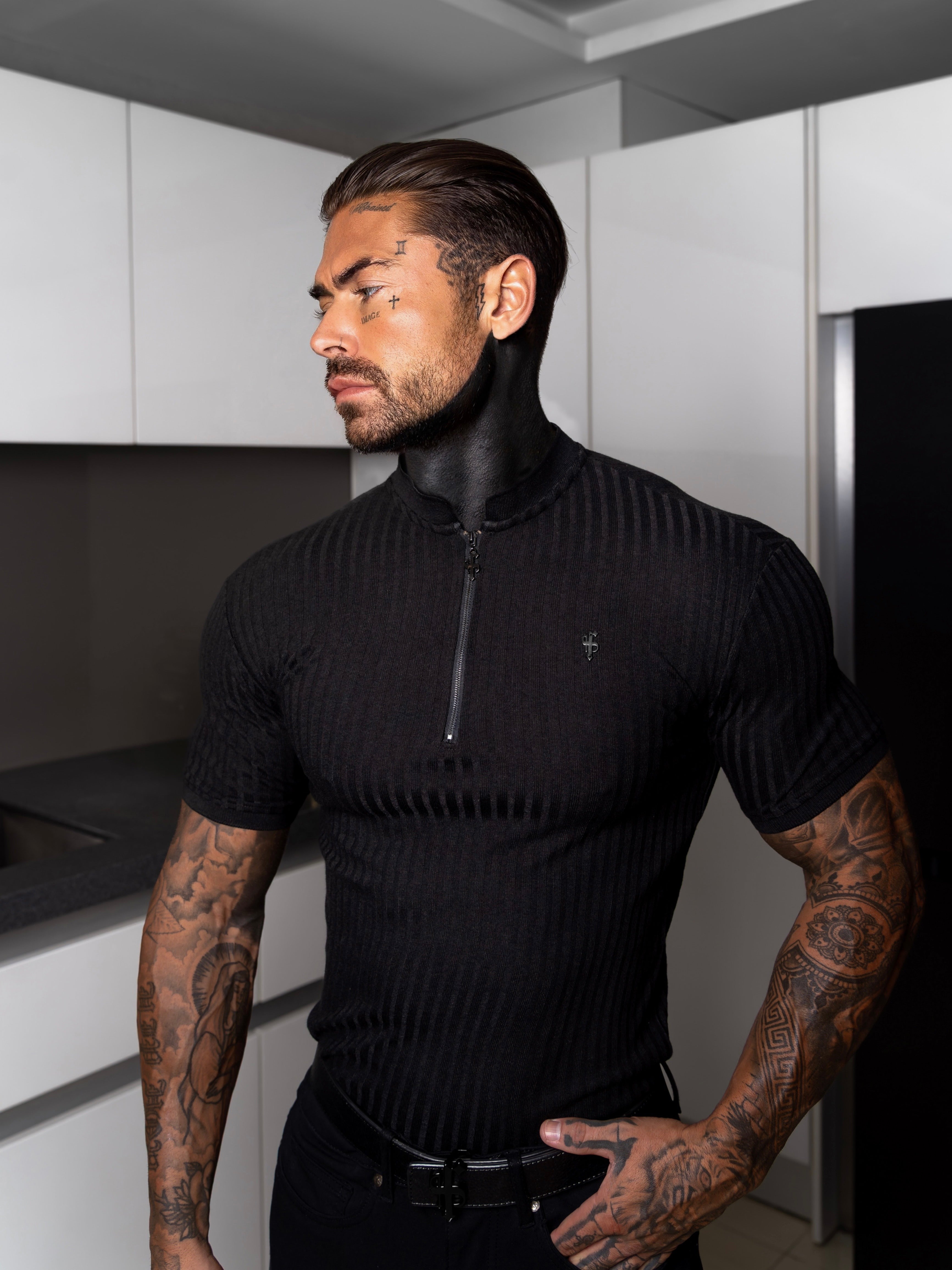 Super Slim Black / Black Ribbed Zip Grandad Collar Shirt Short Sleeve - FSH1446