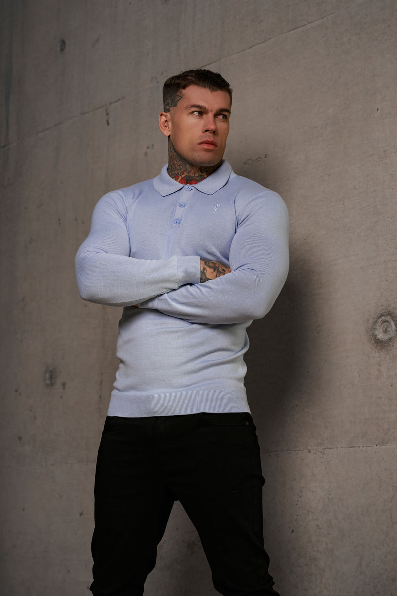 Father Sons Classic Pale Blue Knitted Polo Jumper Long Sleeve With Tonal FS Embroidery- FSN142