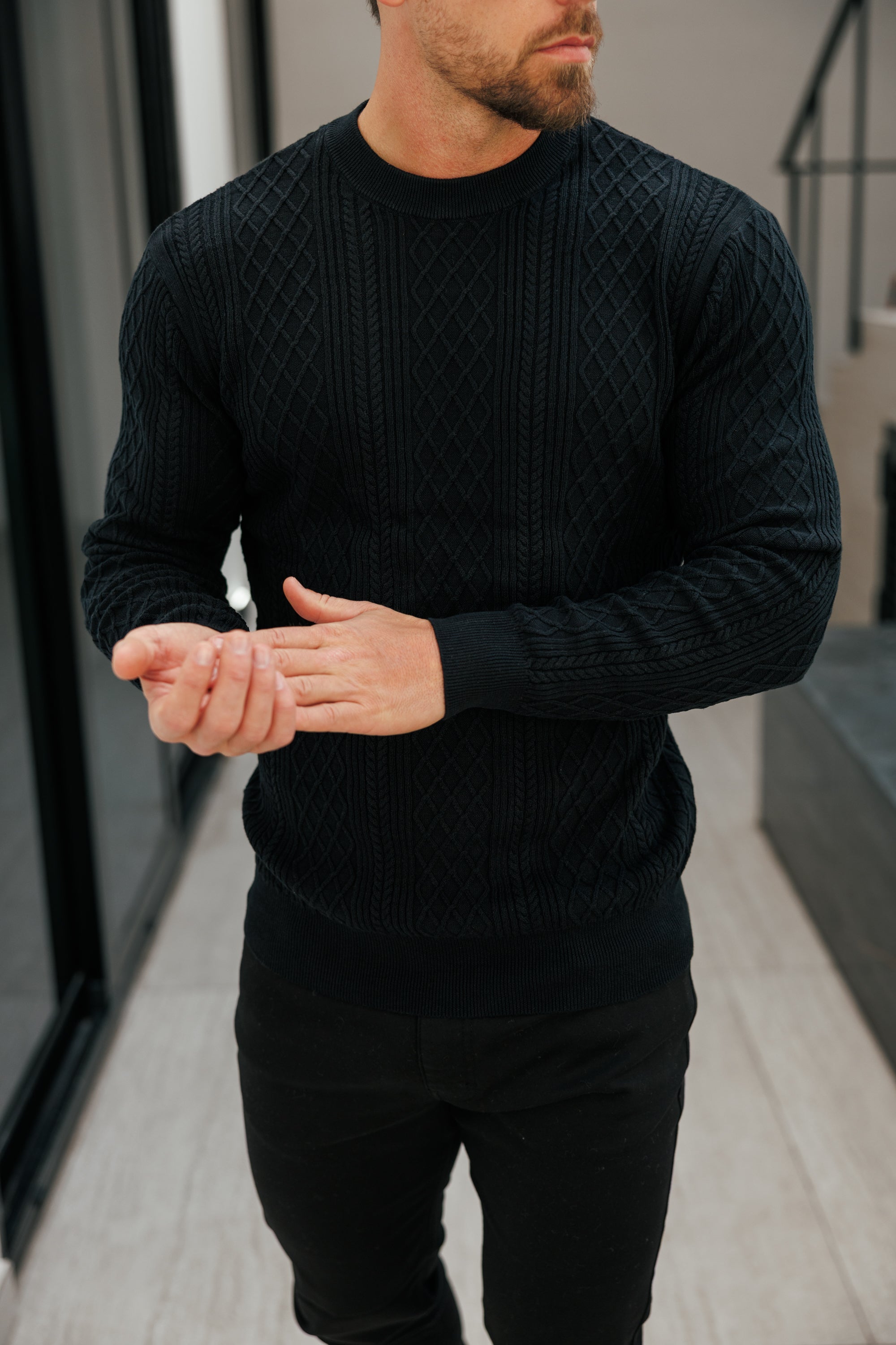 Fine Knit Diamond Black Jumper Long Sleeve  -  FSA006