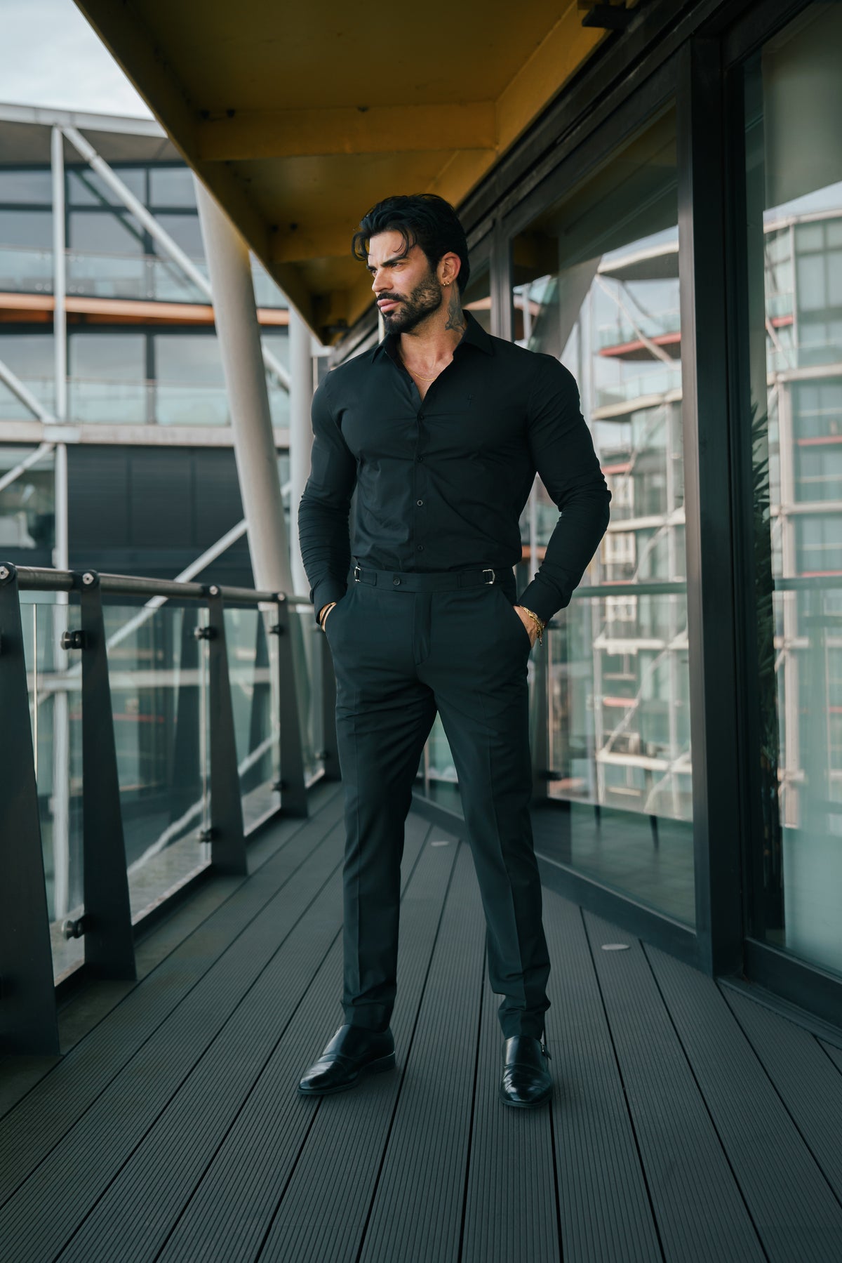 Relaxed Formal Black Stretch Trousers with Silver Side Adjusters- FSTR019 RELAXED