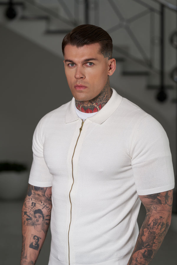 Father Sons Classic Knitted Textured Design With Full Length Zip Off White Short Sleeve - FSN152 (PRE ORDER 21ST MAY)