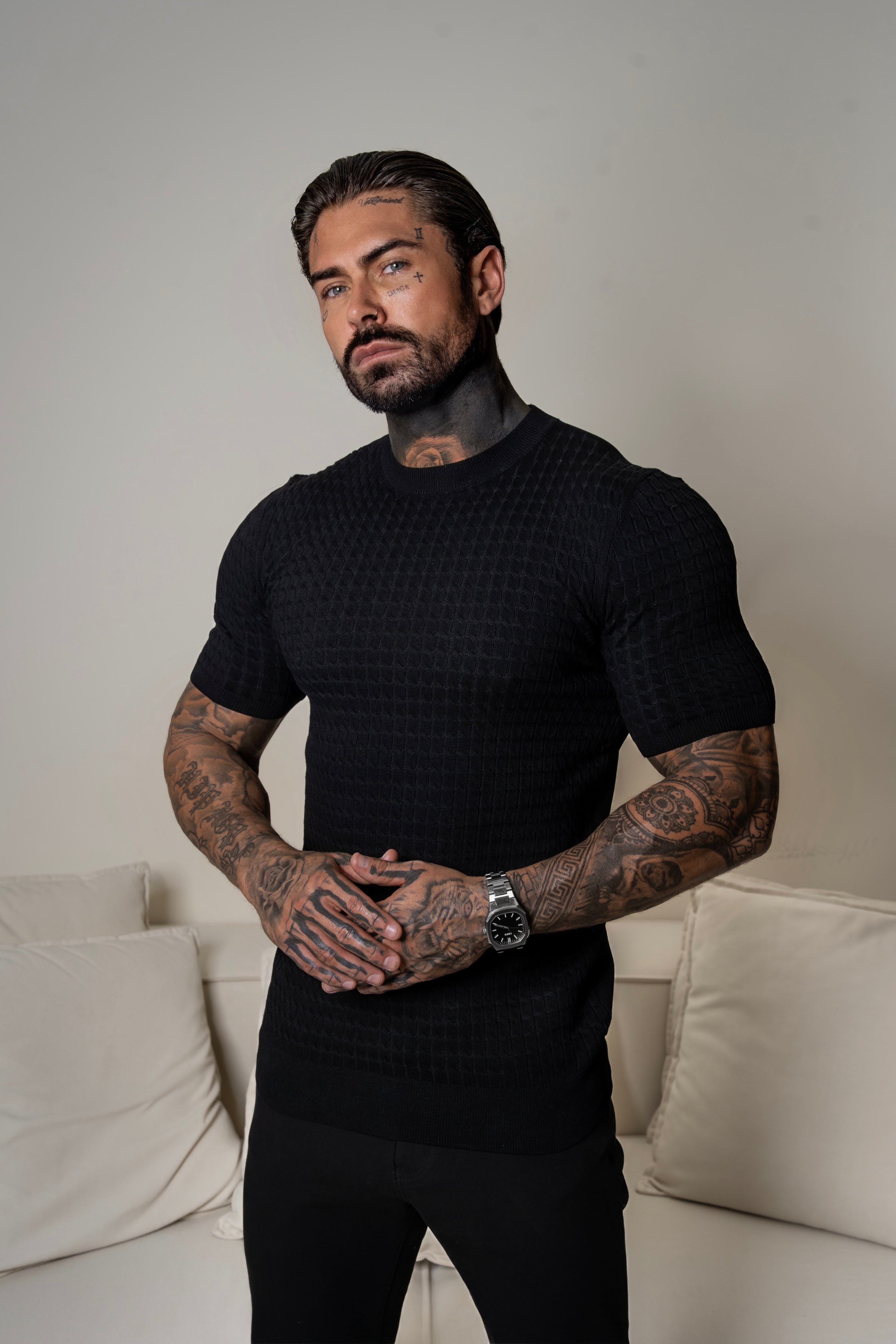 Front Chain Knit Crew Tshirt Black Short Sleeve  -  FSR055