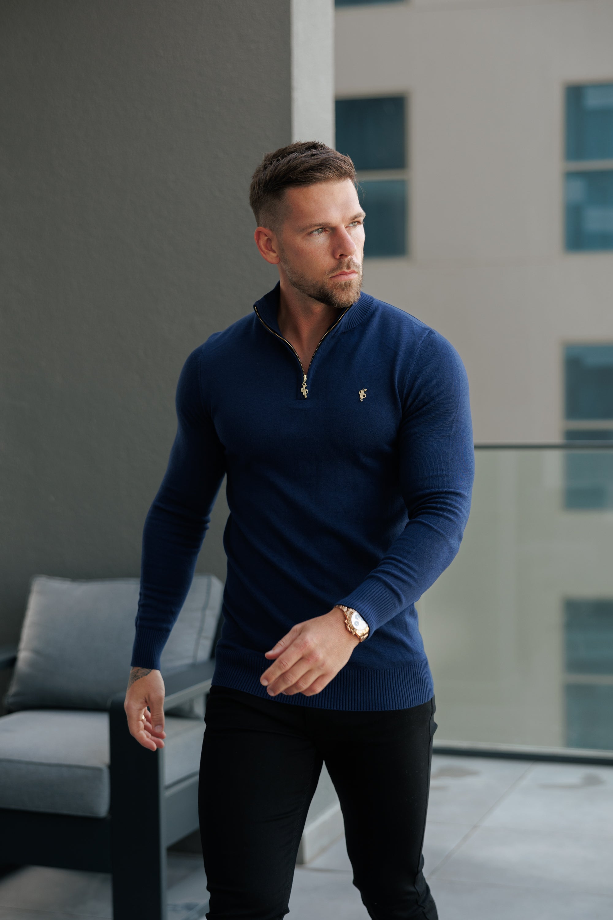 Navy Funnel Neck Knitted Jumper With FS Branding - FSN191