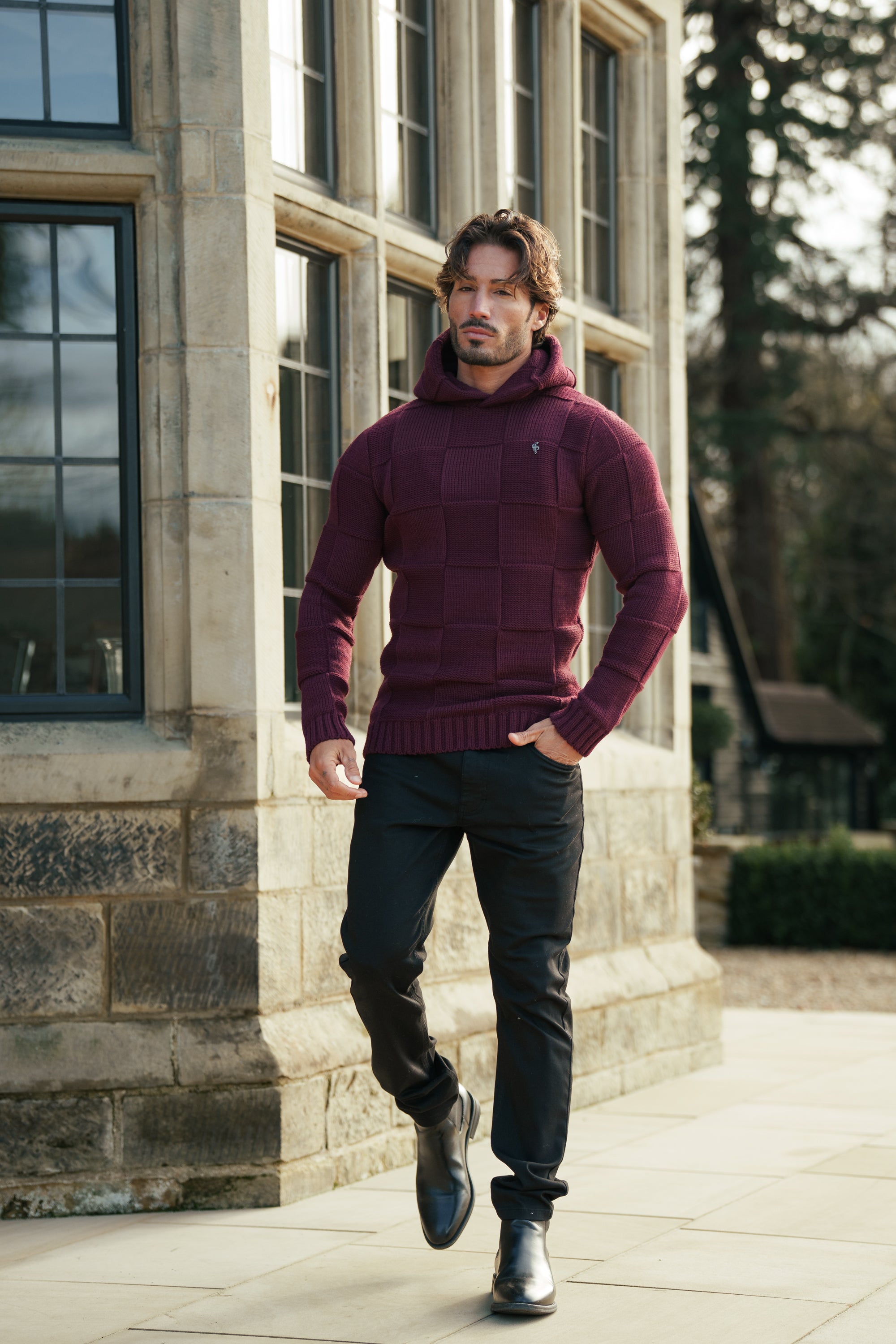 Wine Checkerboard Knitted Hoodie - FSJ139