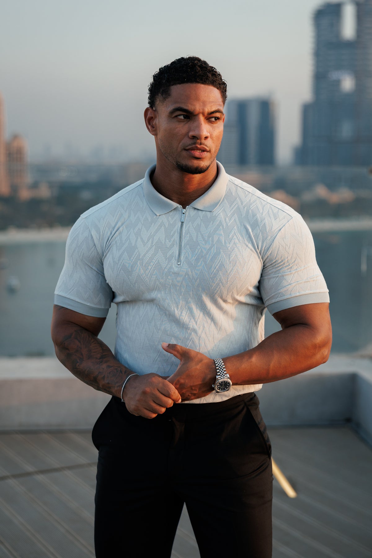 Classic Jacquard Light Grey Chevron Zipped Polo - FSR063