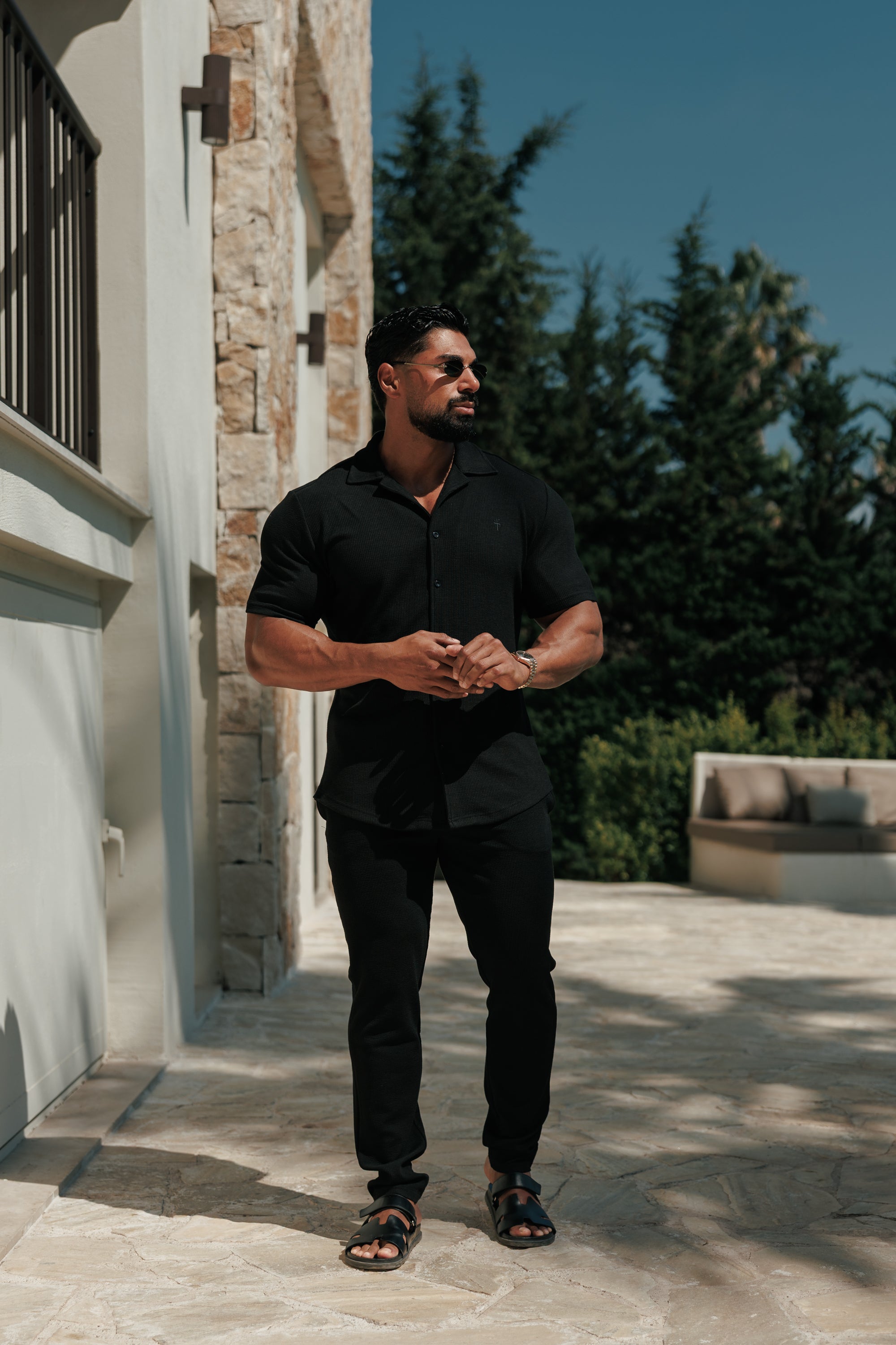 Jersey Cord Stretch Black Revere Shirt Short Sleeve - FSR070 (PRE ORDER 30TH JUNE)