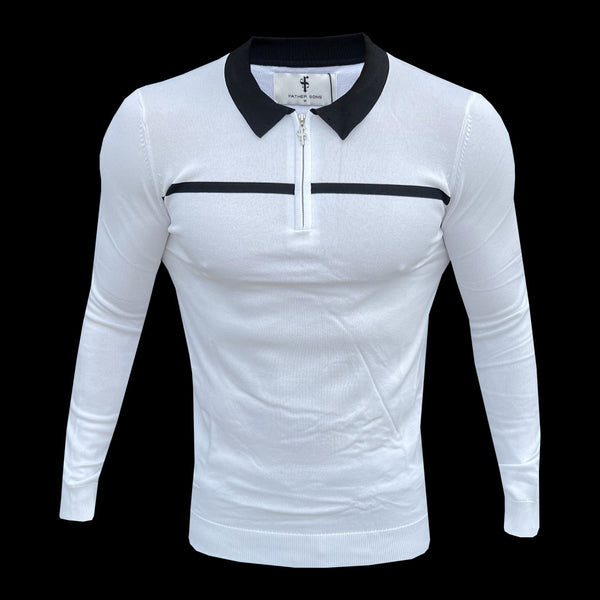 Father Sons Classic White / Black Horizontal Stripe Zipped Polo Long Sleeve - FSN050