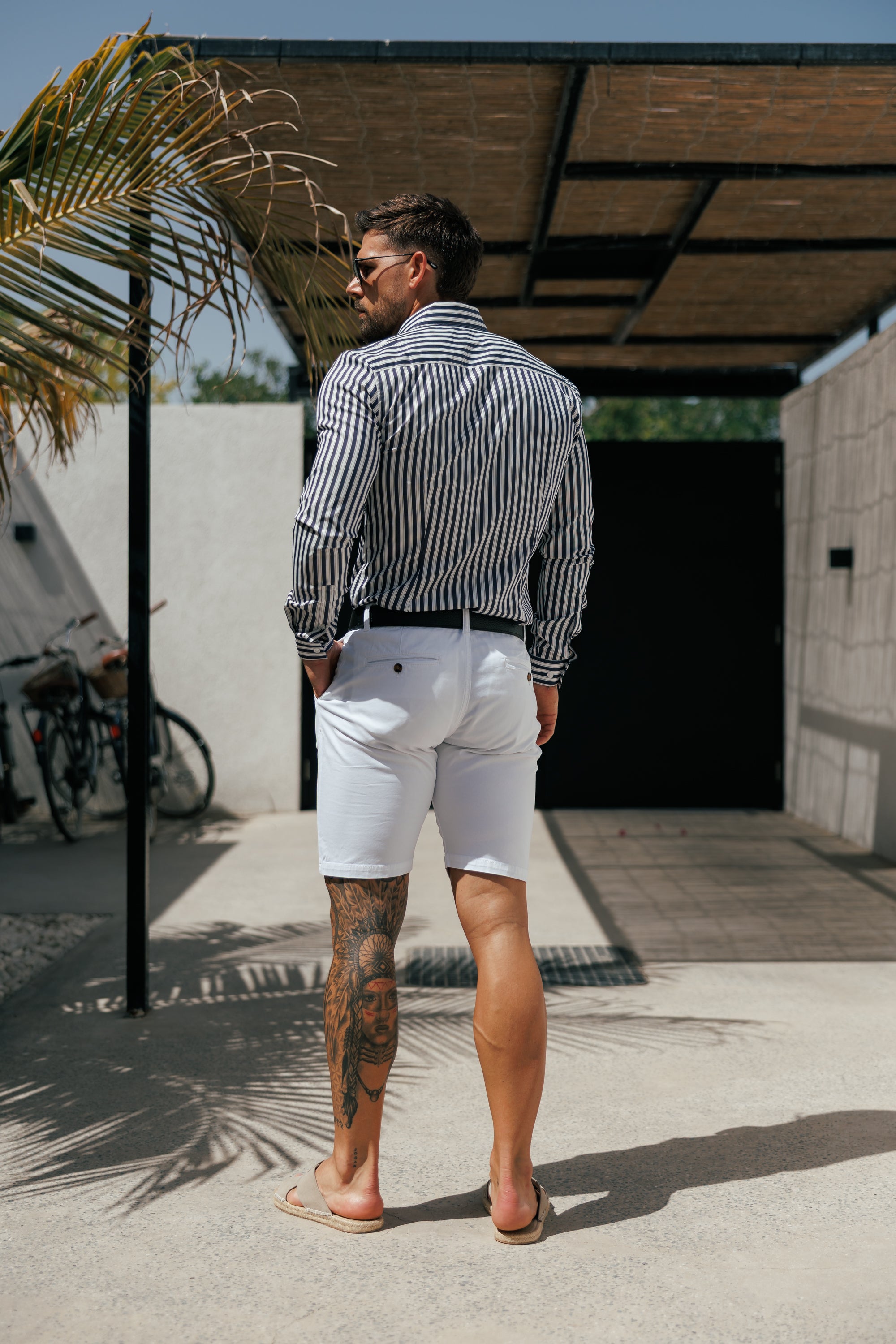 Super Slim Stretch Sateen Touch White / Navy Double Stripe Long Sleeve  -  FS1287 (PRE ORDER 28TH AUGUST)