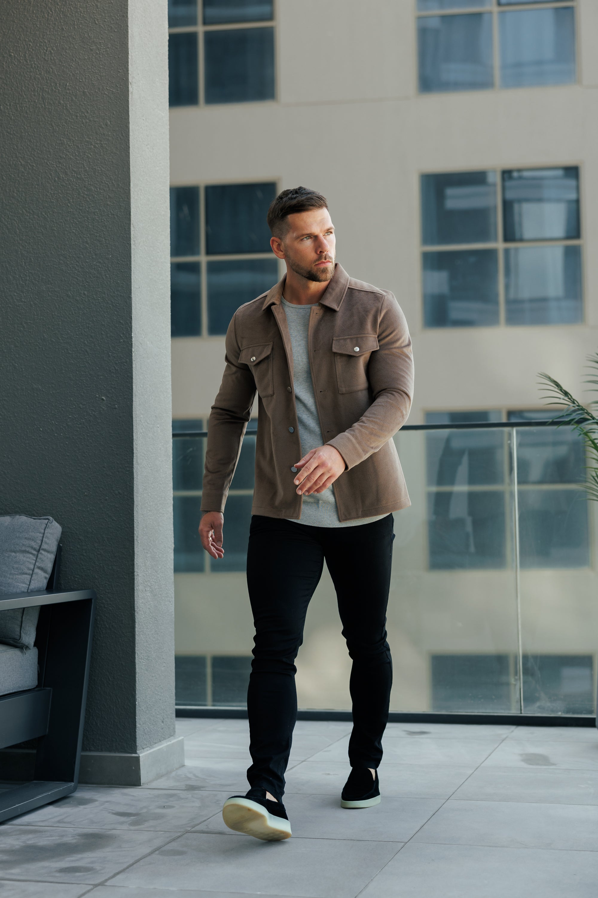 Brushed Button Up Plain Jacket Taupe - FSN184