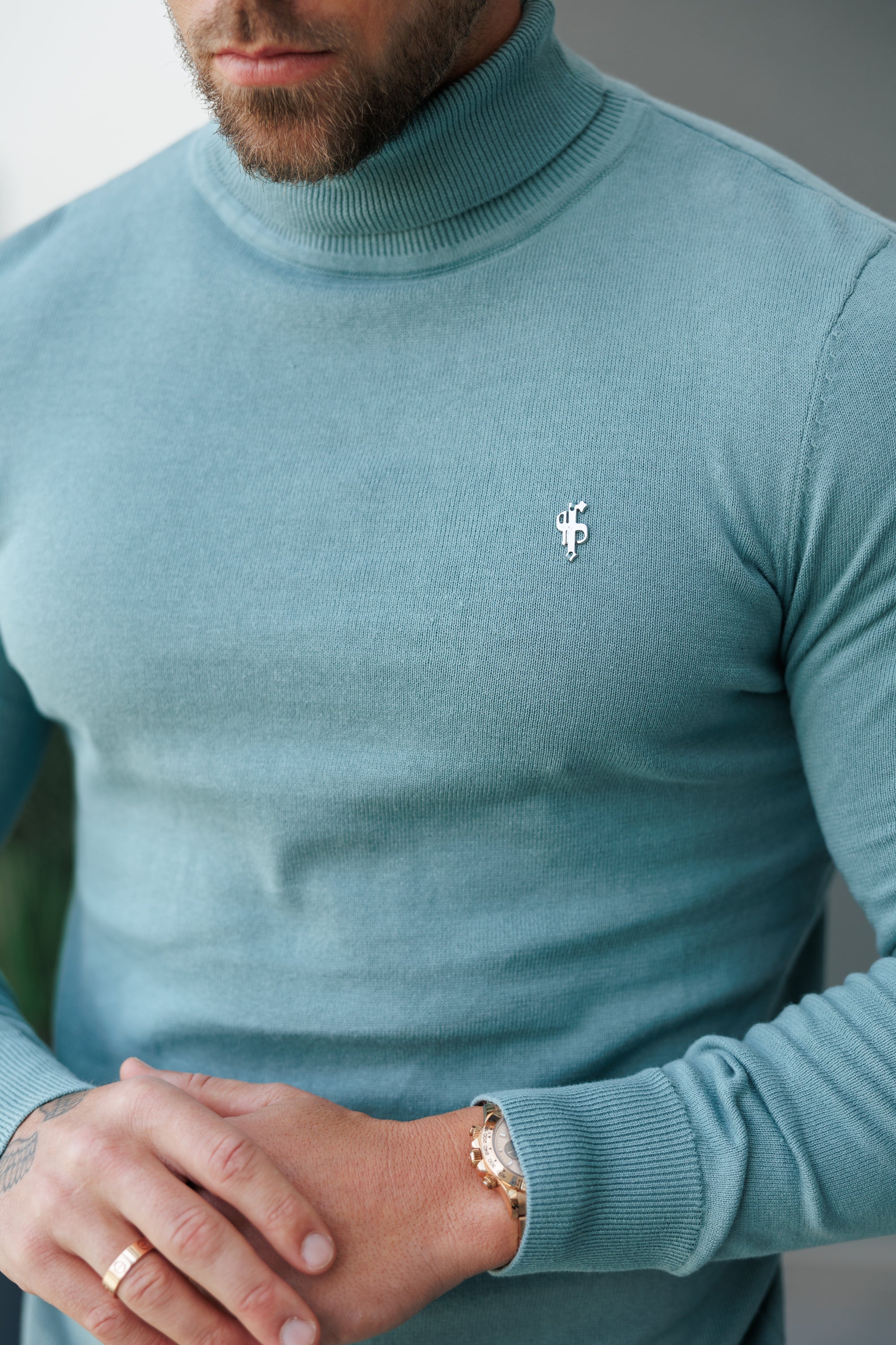 Teal Roll Neck Knitted Jumper With FS Branding - FSN205