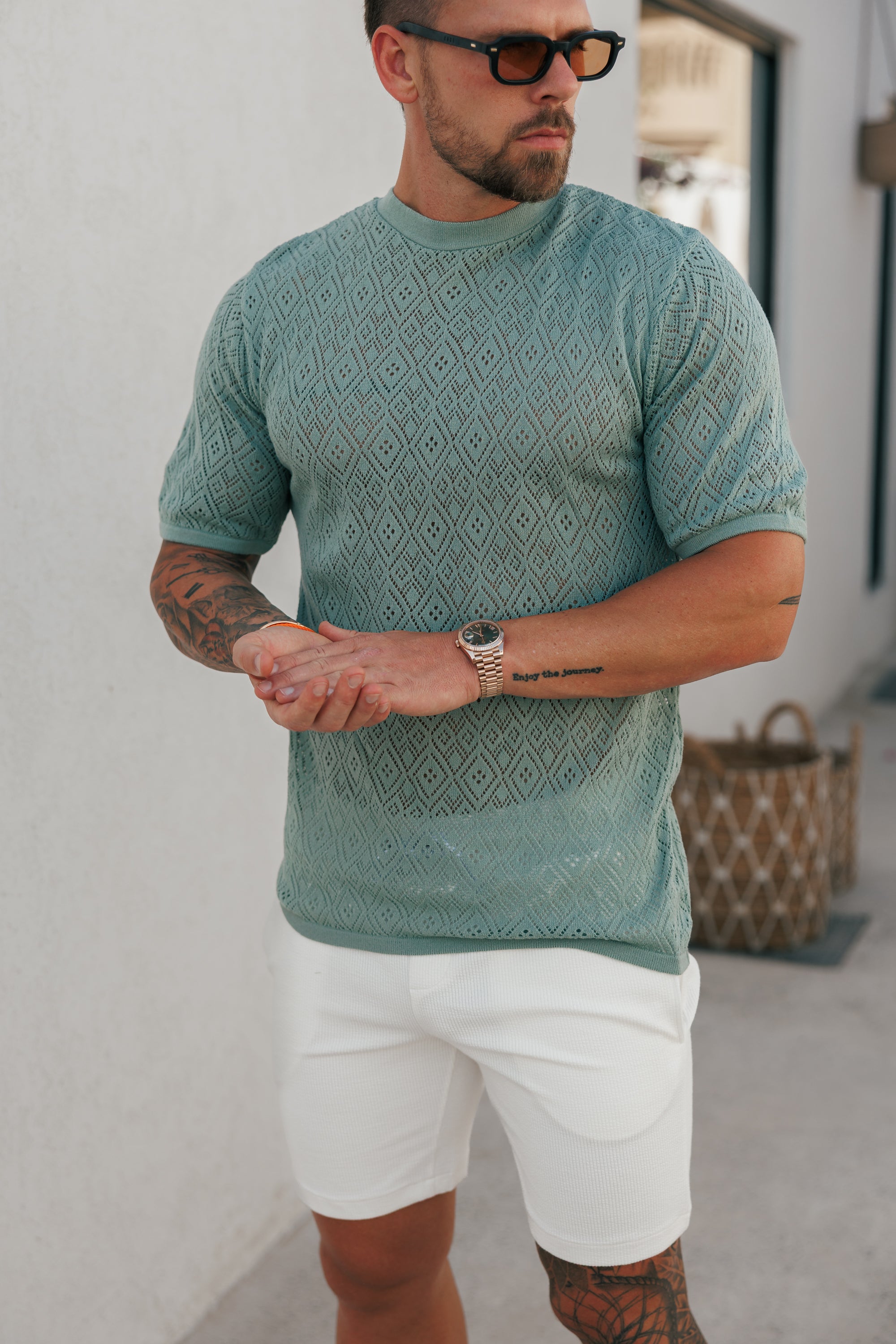 Crochet Crew T-Shirt Light Green Short Sleeve - FSJ091