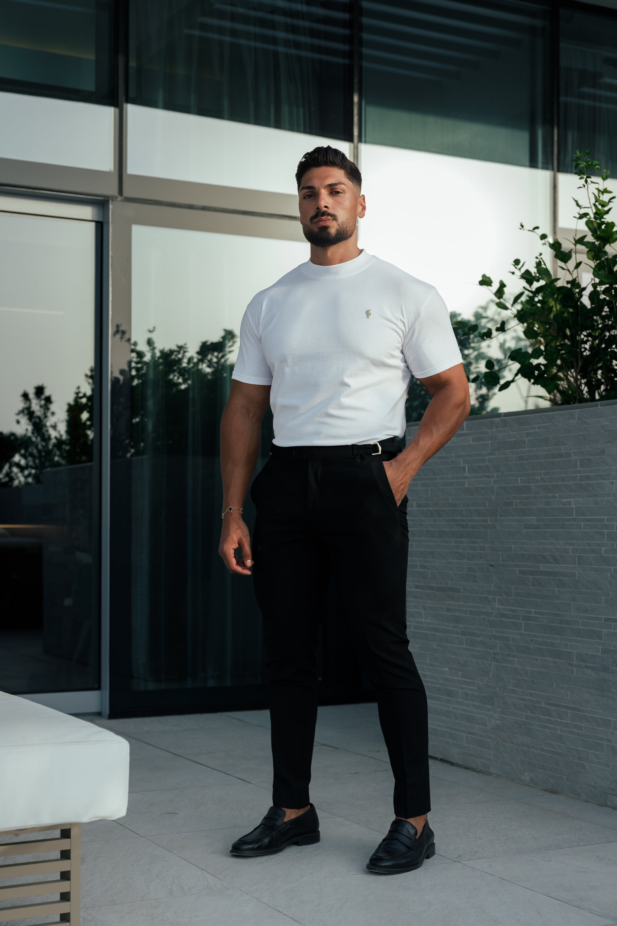 Ribbed High Neck Crew Short Sleeve White / Gold  - FSH1006