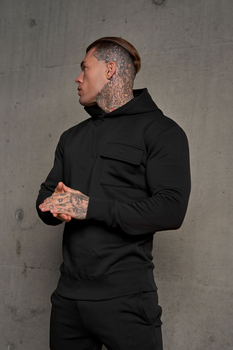 Father Sons Black Cargo Hoodie With FS Embroidery - FSH929
