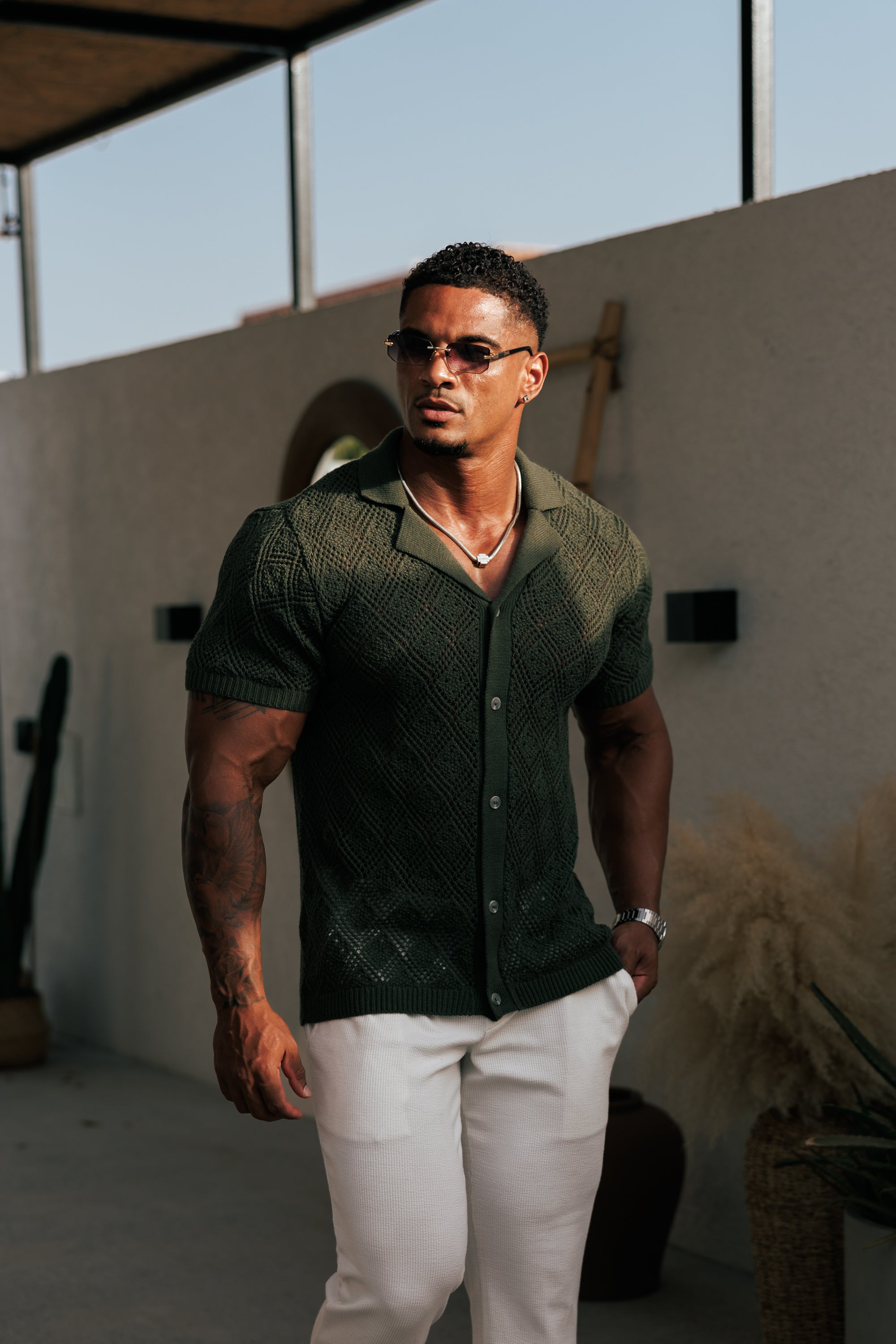 Crochet Shirt Deep Olive Short Sleeve - FSJ081