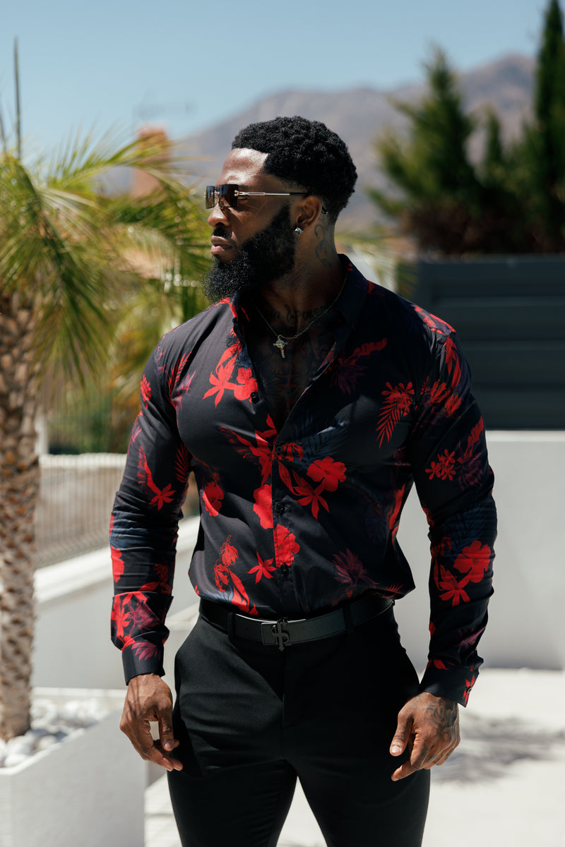 Father Sons Super Slim Stretch Black and Red Floral Print Long Sleeve